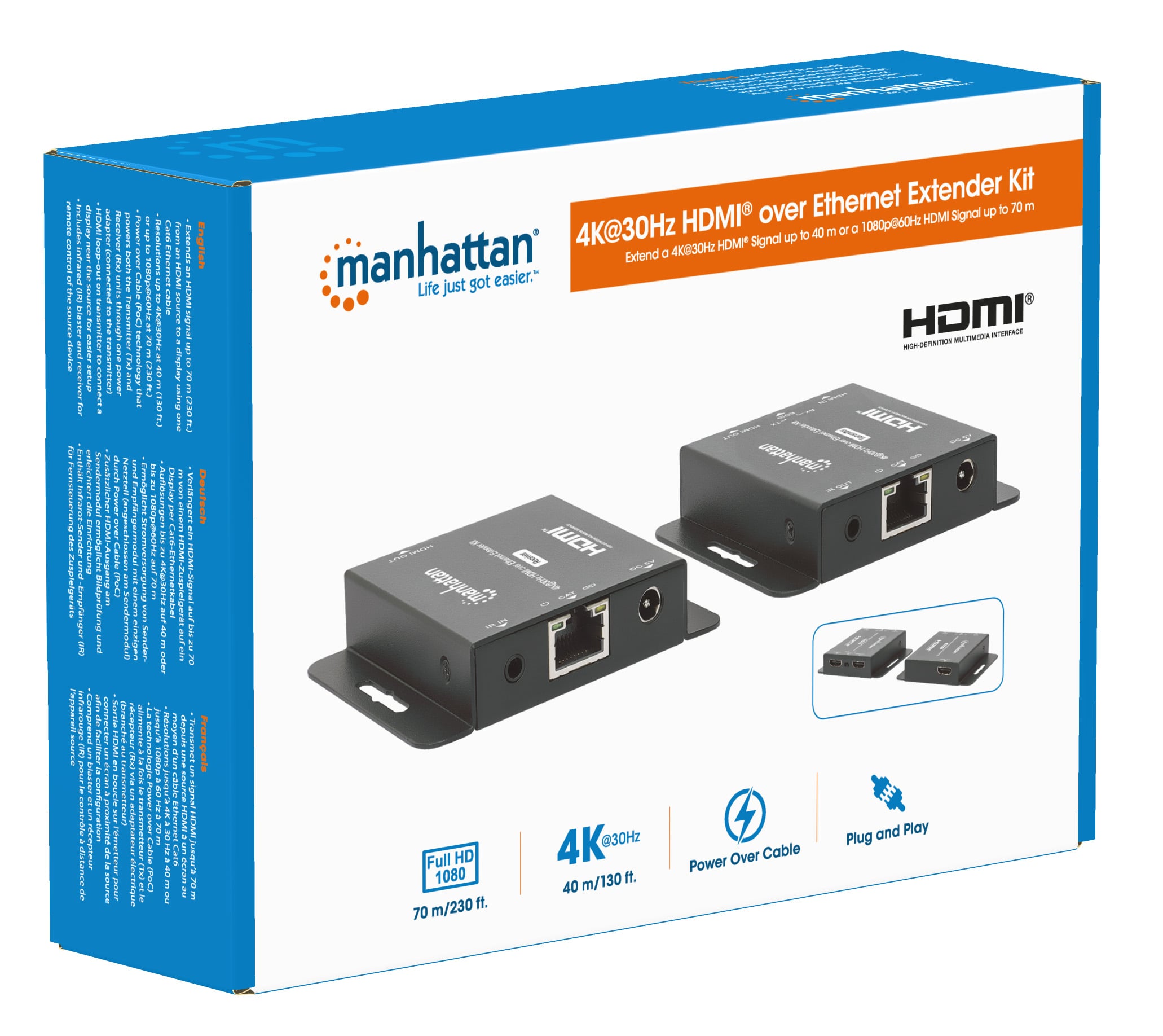 Kit Extender HDMI Over Ethernet 4K@30Hz - Manhattan IDATA EXT-E404KM