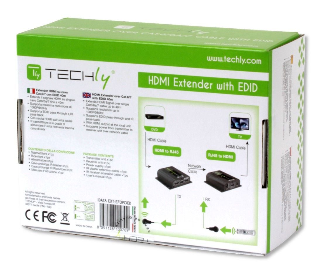Amplificatore Extender HDMI Full HD 3D POE su cavo Cat6/6A/7 40m con EDID ed IR - Techly IDATA EXT-E70POED
