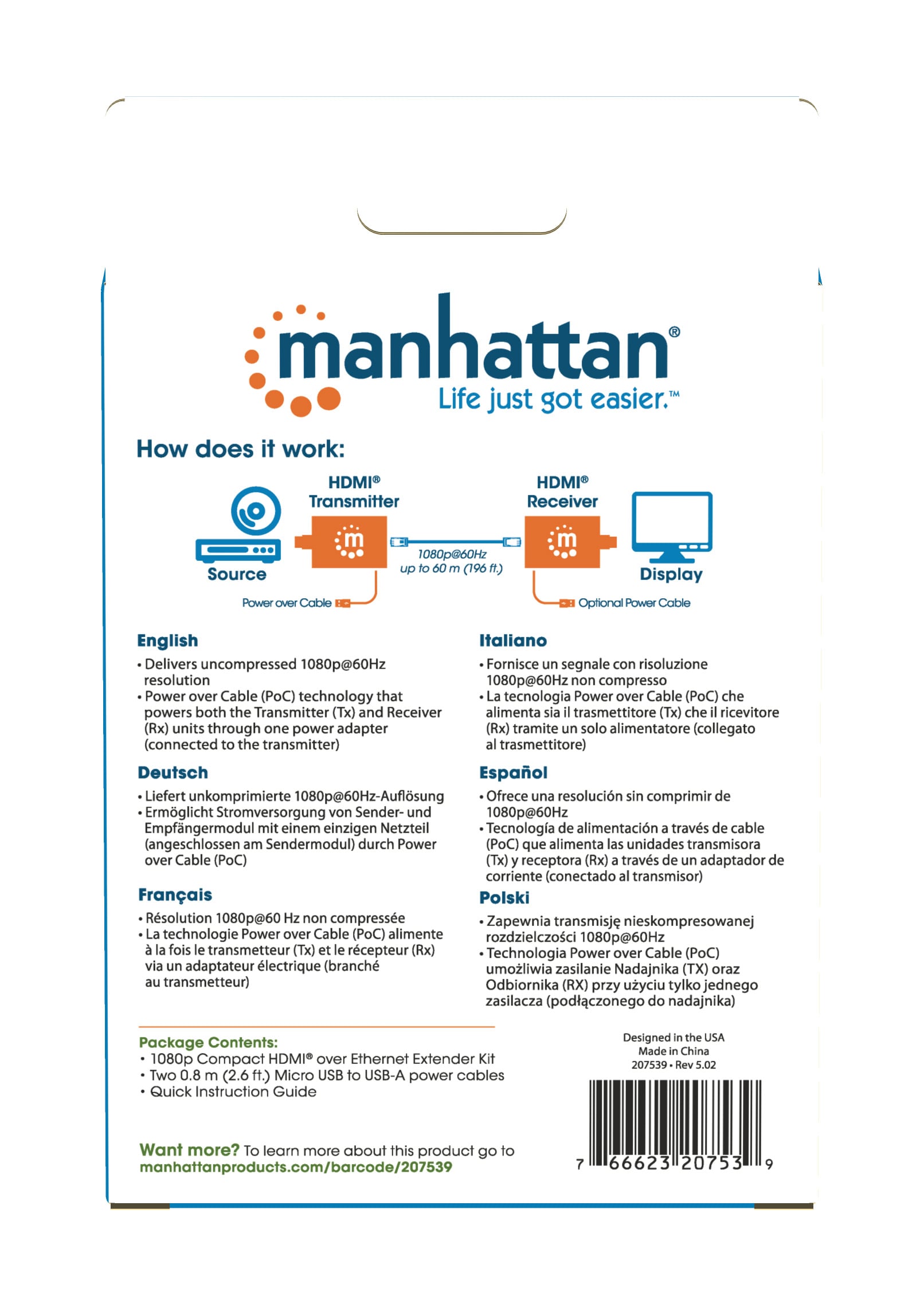 Extender HDMI Over Ethernet 1080p Compatto Nero - Manhattan IDATA EXT-E70SMH