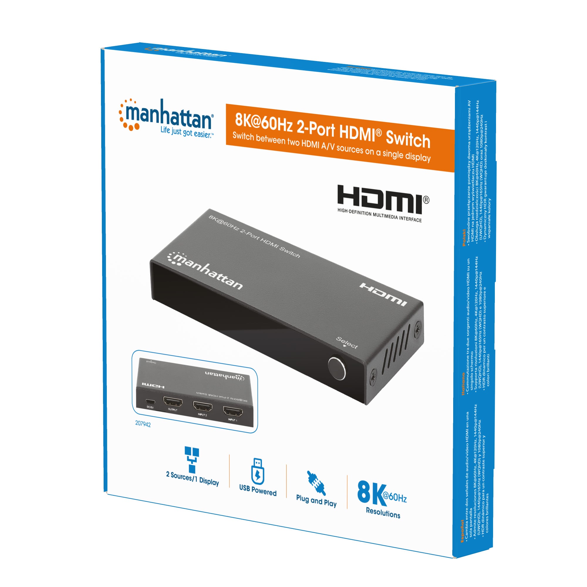 Switch HDMI 8K@60Hz 2 porte - Manhattan IDATA HDMI-218K