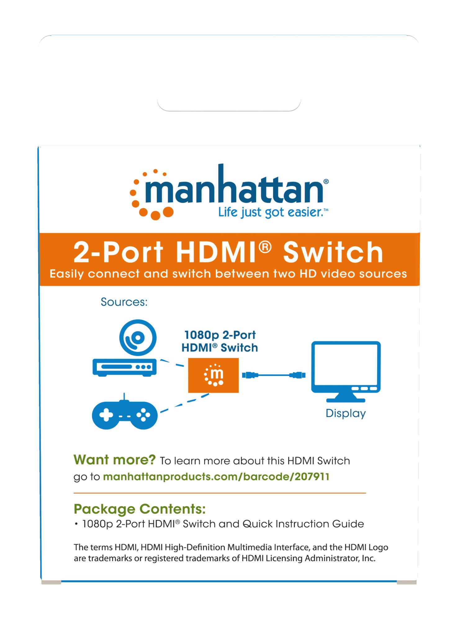 Switch HDMI 2 porte 1080p - Manhattan IDATA HDMI-21MH