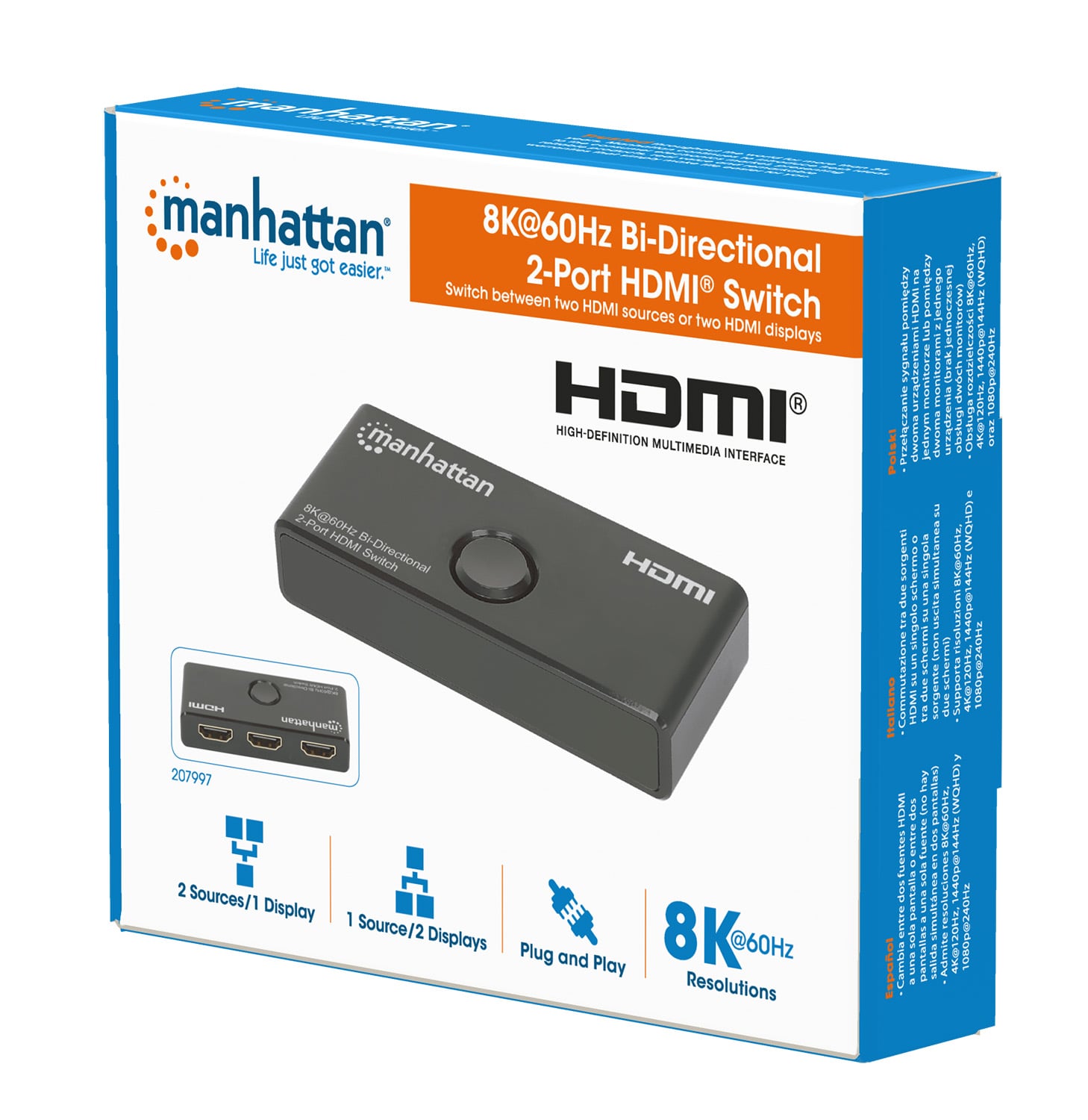 Switch HDMI 2 Porte 8K@60Hz Bidirezionale - Manhattan IDATA HDMI-22BI8K