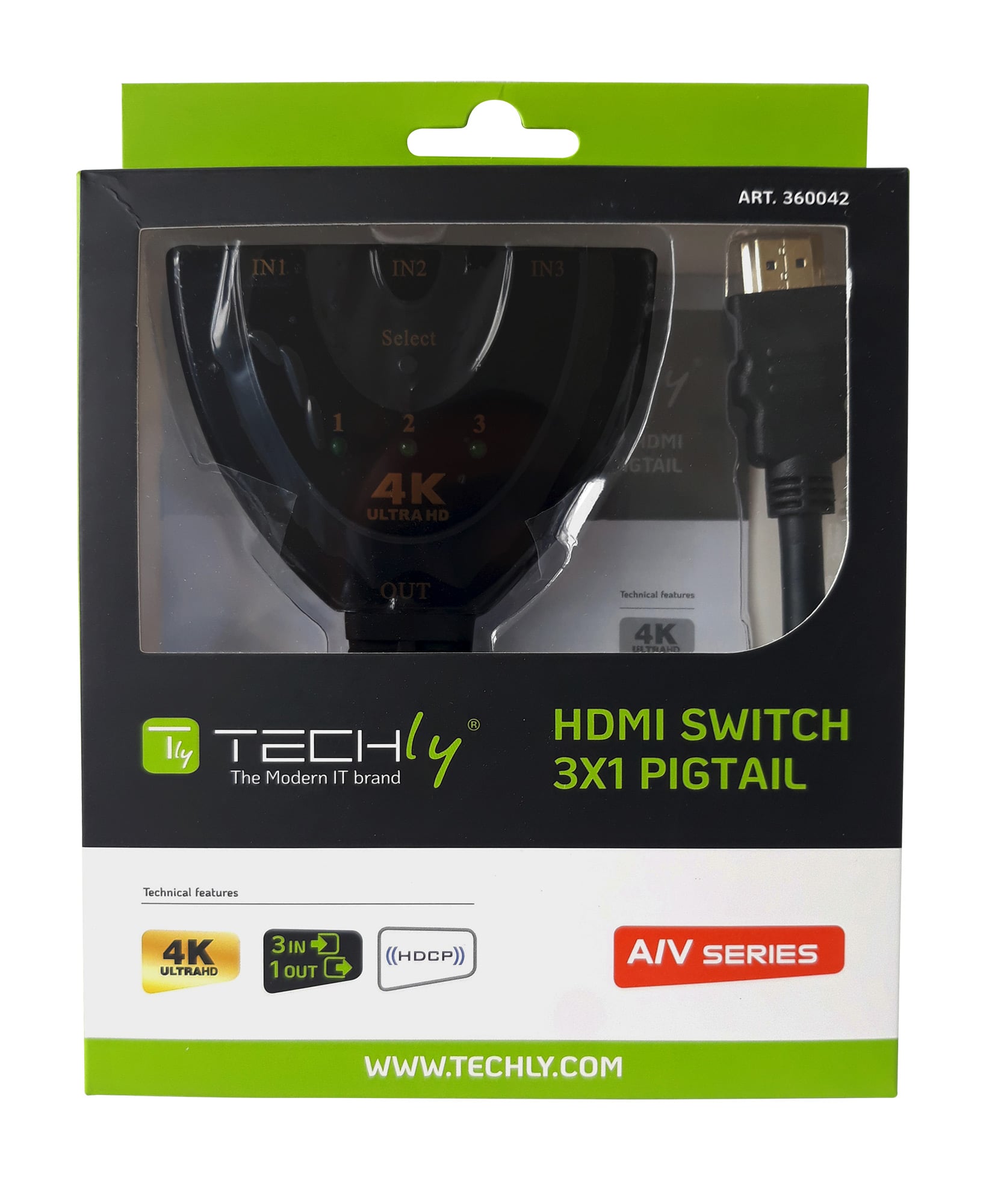 Switch HDMI 3x1 Pigtail 4Kx2K 3 In 1 Out Compatto - Techly IDATA HDMI-3F30