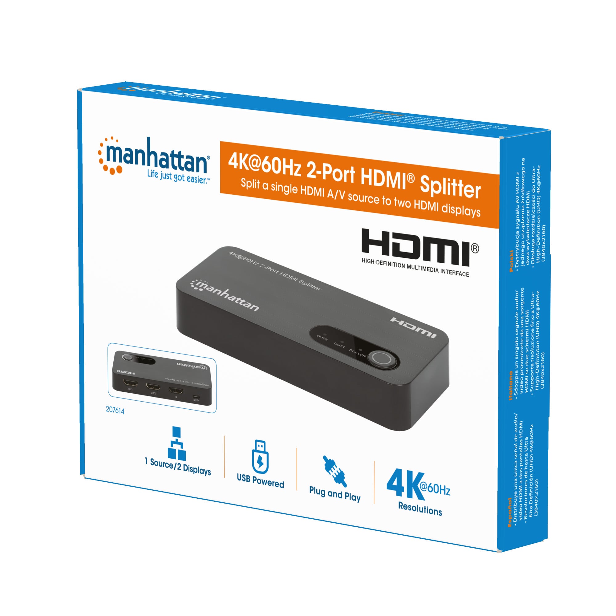Splitter HDMI 4K@60Hz UHD 3D con LED 2 vie - Manhattan IDATA HDMI-4K2P60MH