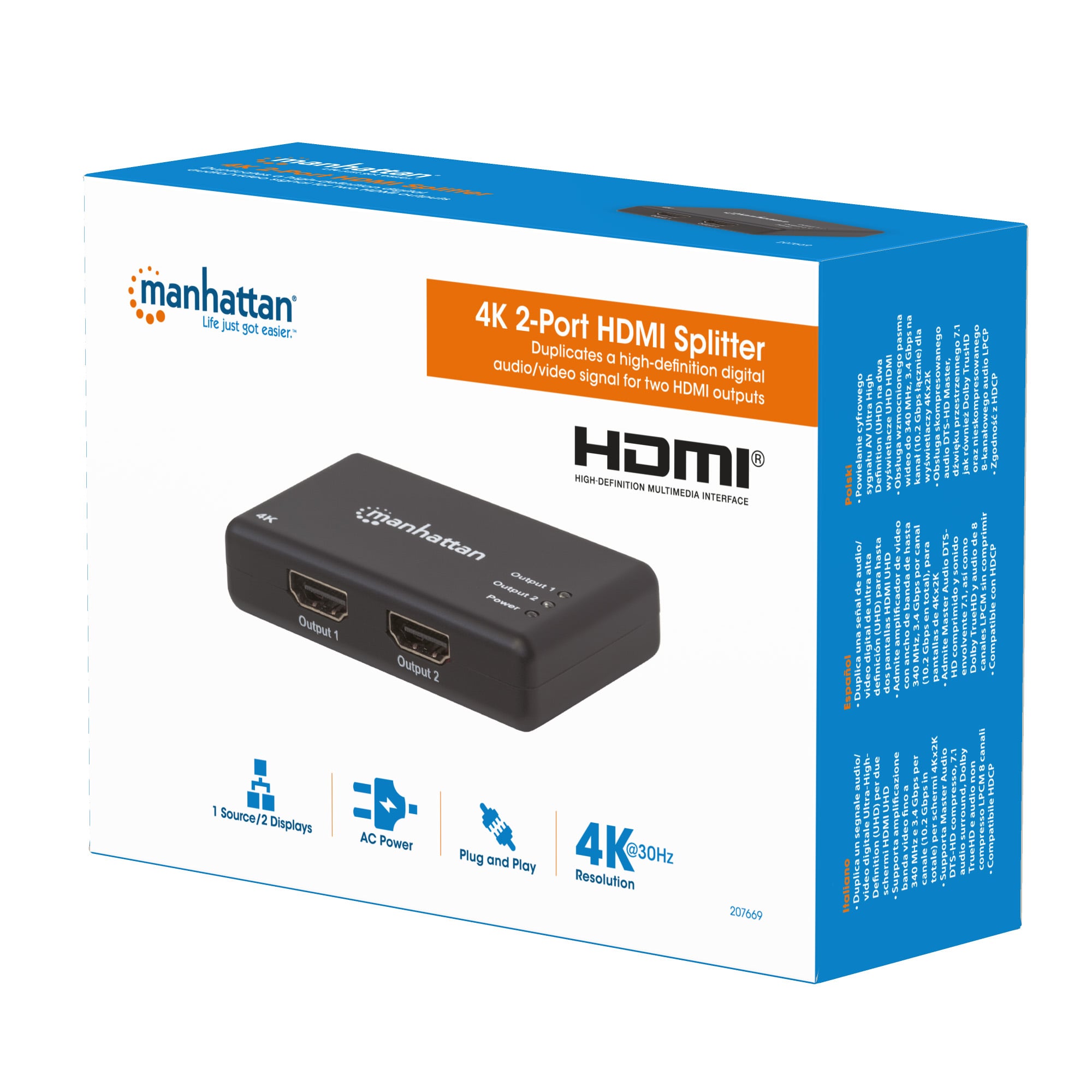 Splitter HDMI 4K UHD 3D con LED 2 vie - Manhattan IDATA HDMI-4K2PMH