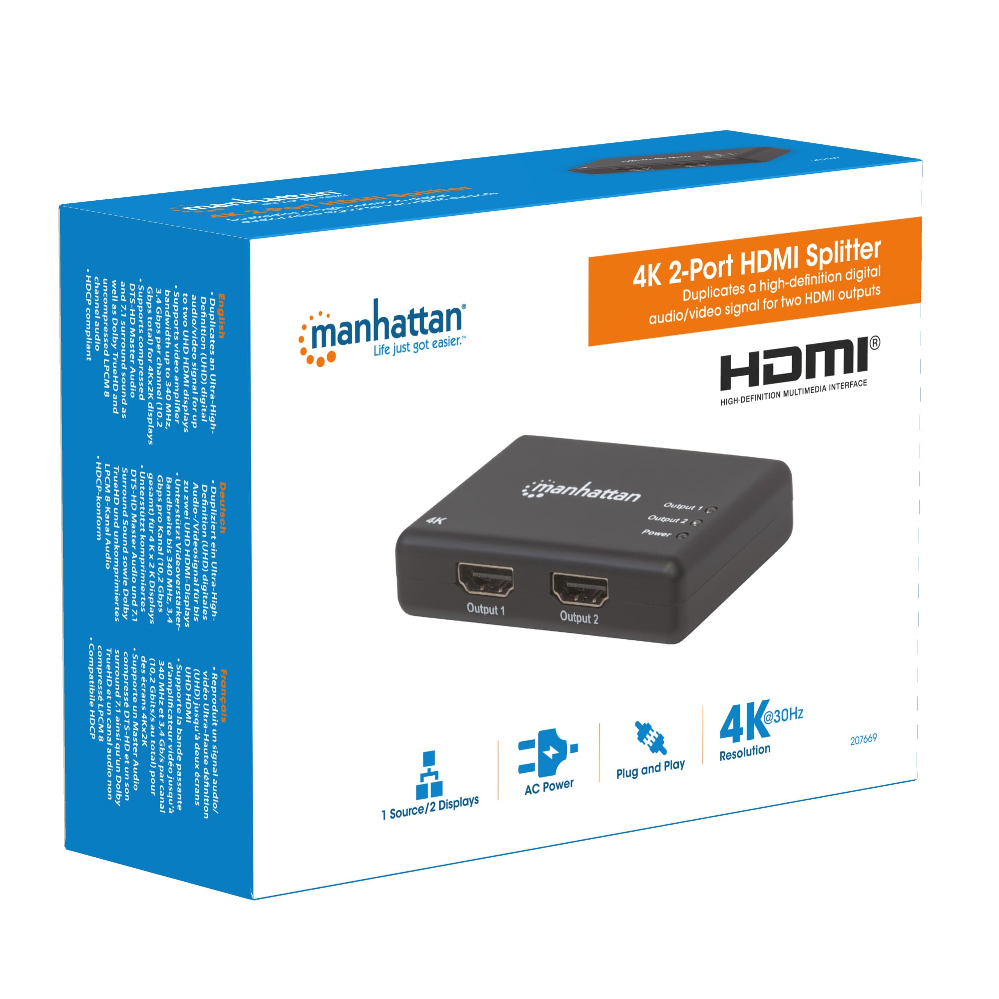 Splitter HDMI 4K UHD 3D con LED 2 vie - Manhattan IDATA HDMI-4K2PMH