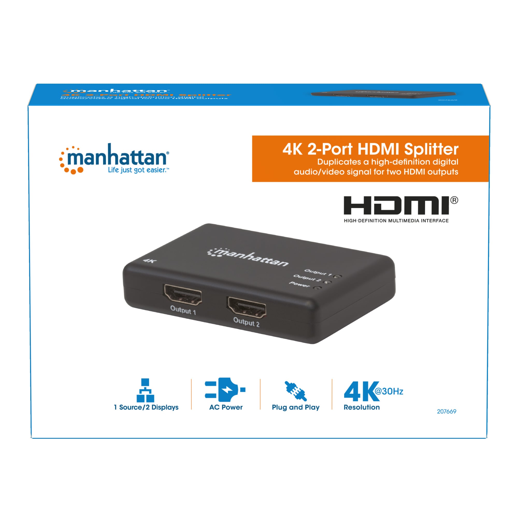 Splitter HDMI 4K UHD 3D con LED 2 vie - Manhattan IDATA HDMI-4K2PMH