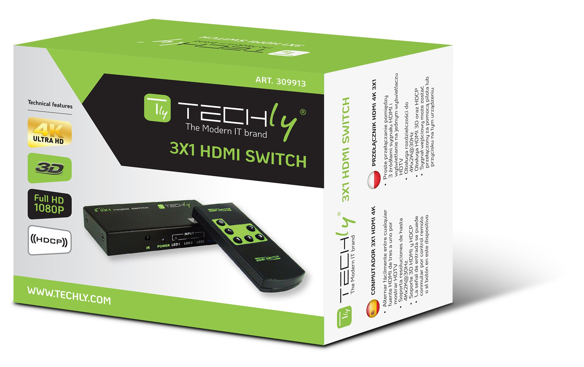 Switch HDMI 3 IN 1 OUT con Telecomando 4K UHD 3D - Techly IDATA HDMI-4K31