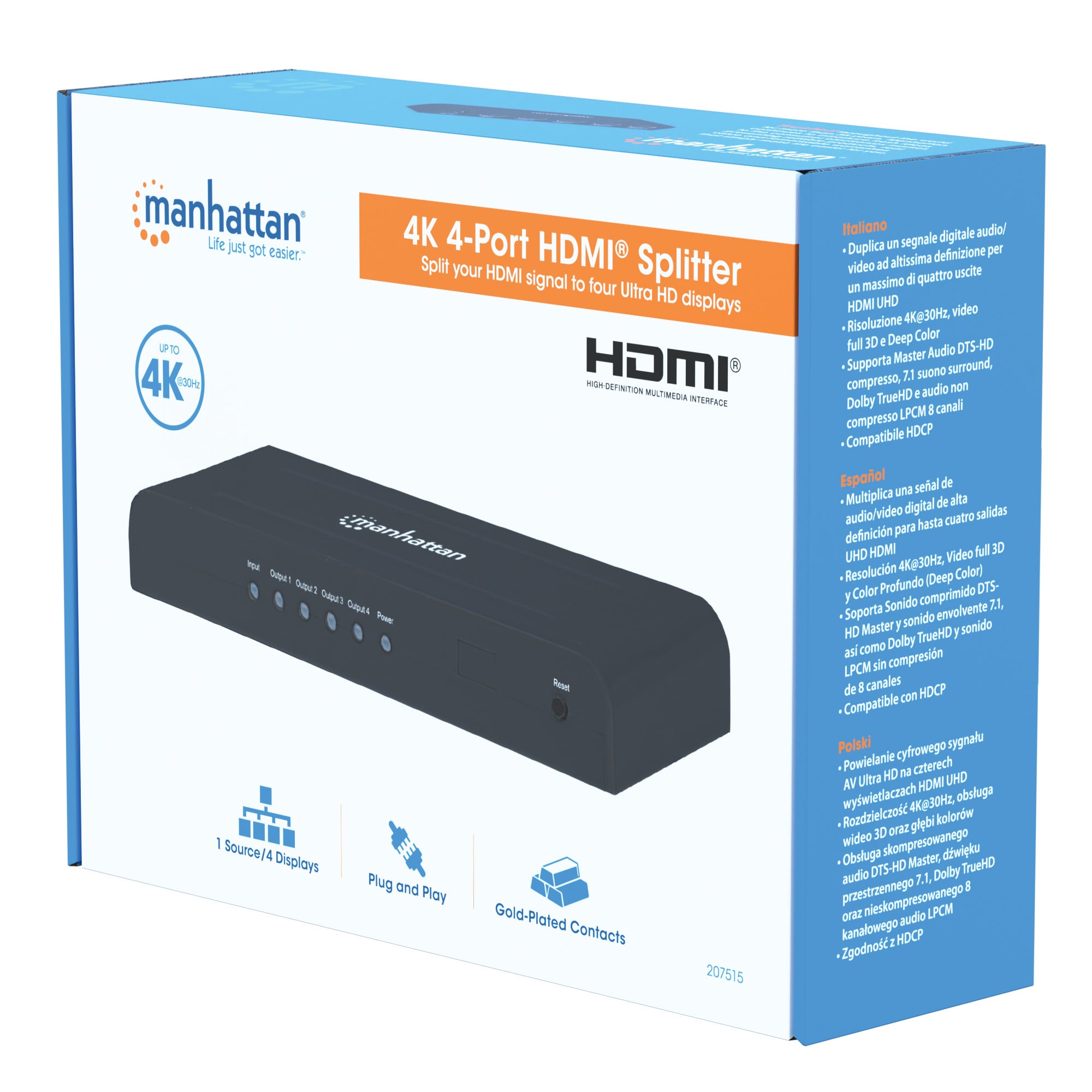 Splitter HDMI1.4 4K UHD 3D a 4 porte - Manhattan IDATA HDMI-4K4MH