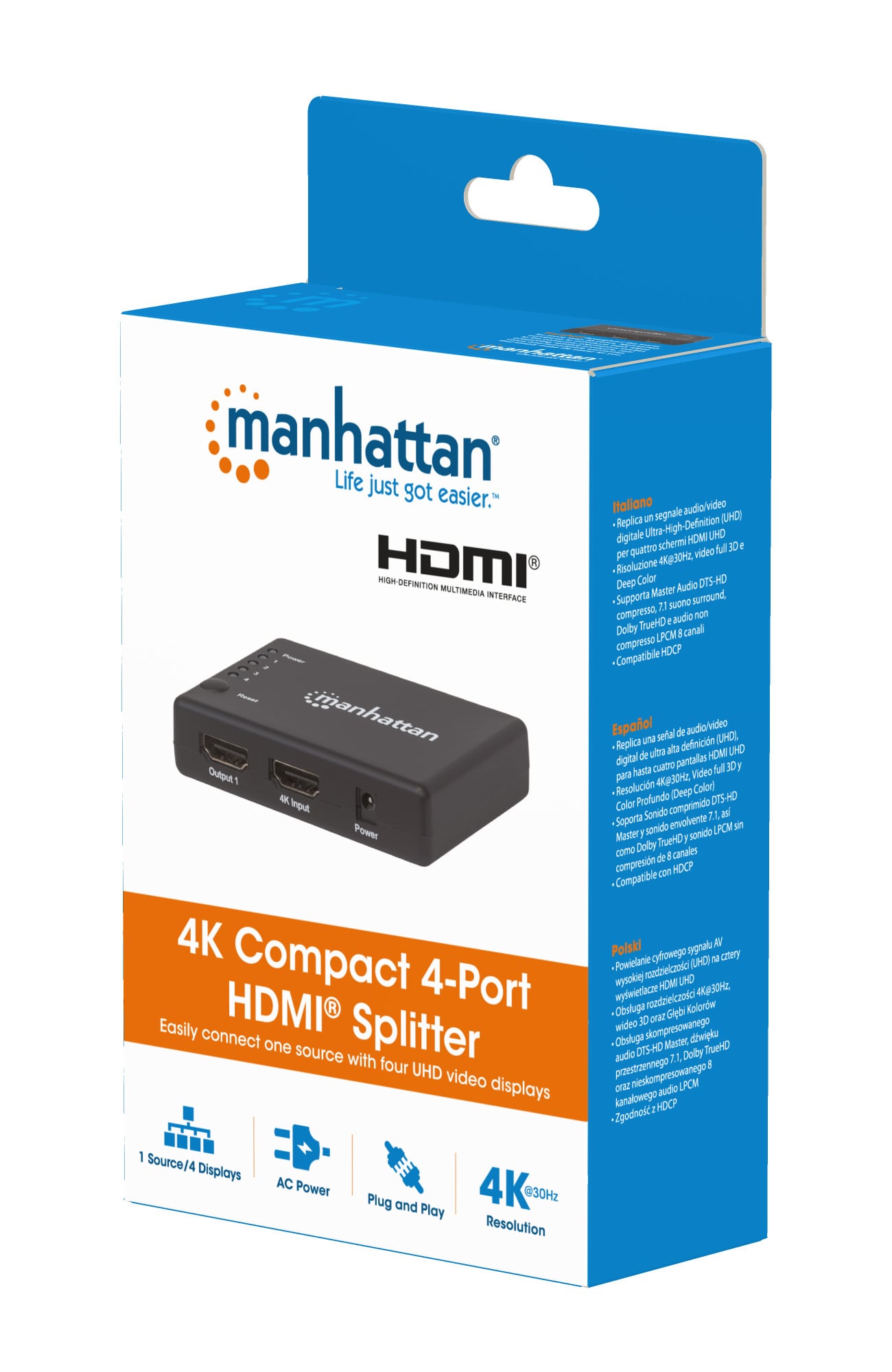Splitter HDMI 4K UHD 3D con LED 4 vie - Manhattan IDATA HDMI-4K4PMH