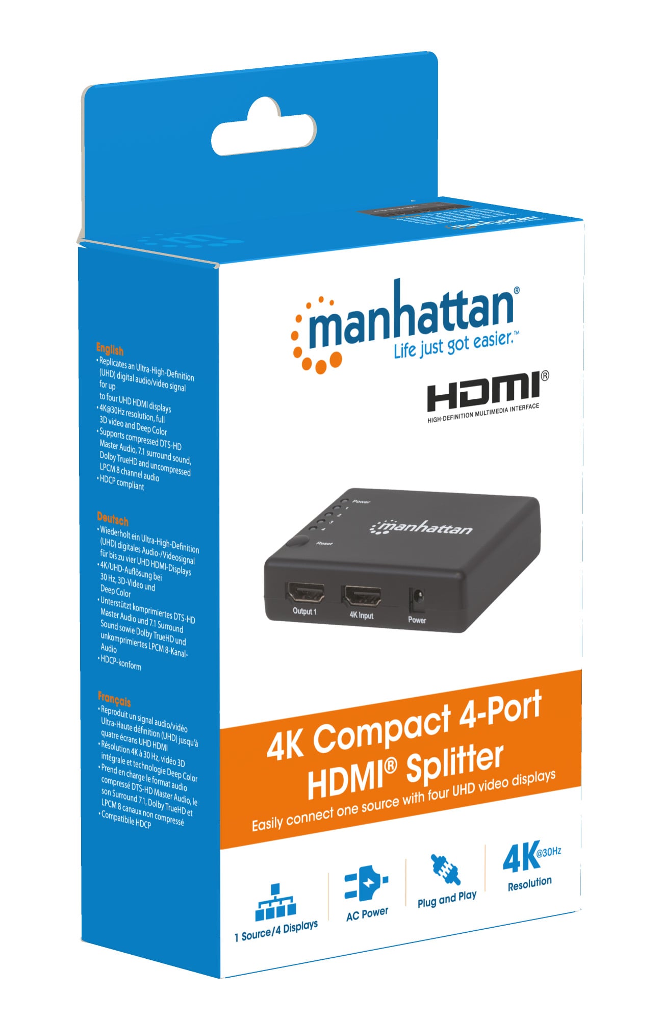 Splitter HDMI 4K UHD 3D con LED 4 vie - Manhattan IDATA HDMI-4K4PMH