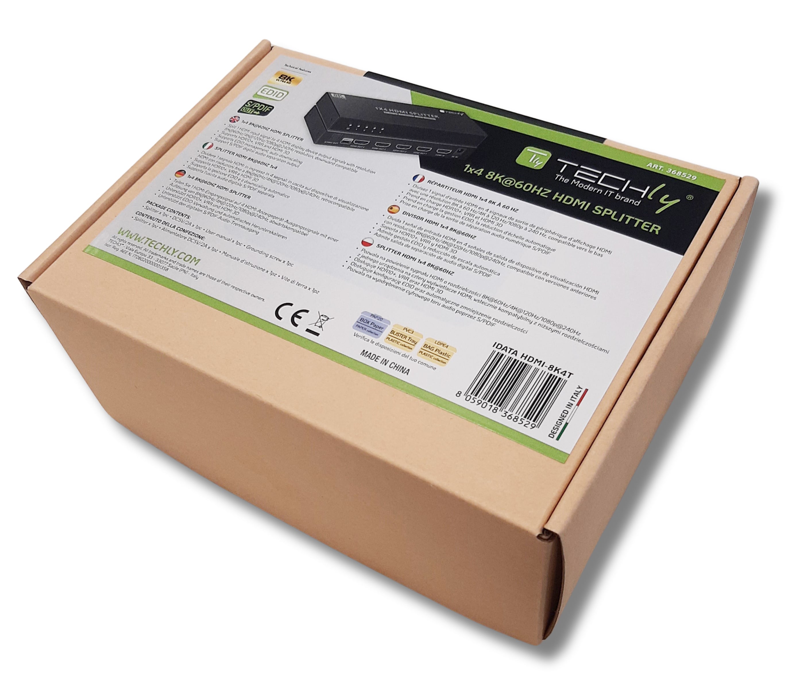 Splitter HDMI 8K UHD 3D 60Hz 4 vie CEC SPDIF Ottico - Techly IDATA HDMI-8K4T