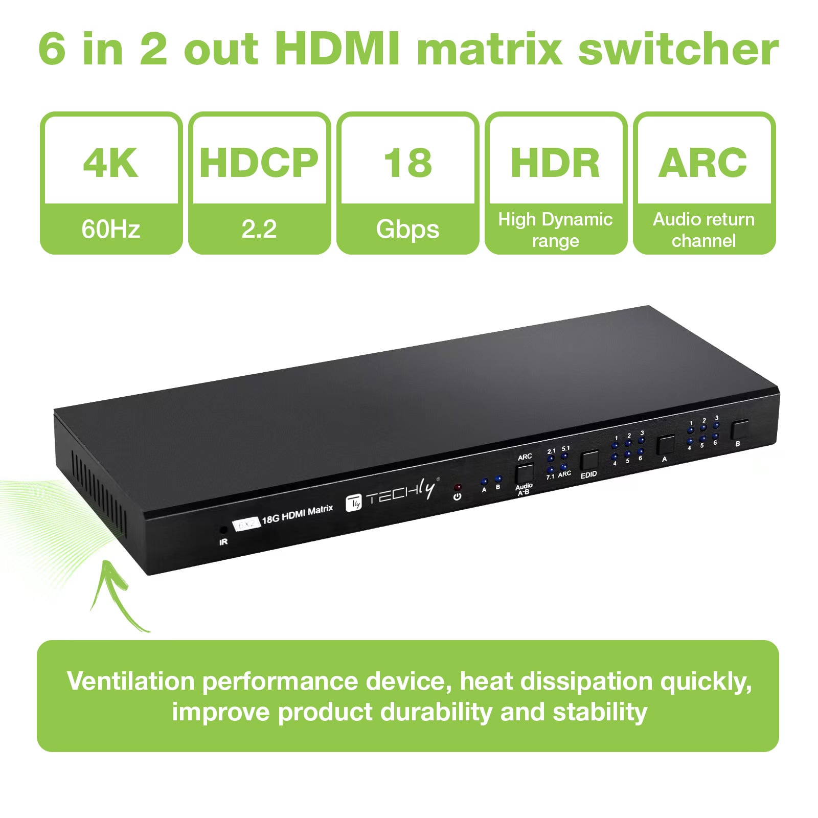 Matrix HDMI 2.0 6X 2 18Gbps 4k@60Hz con Audio e ARC - Techly IDATA HDMI-H62V