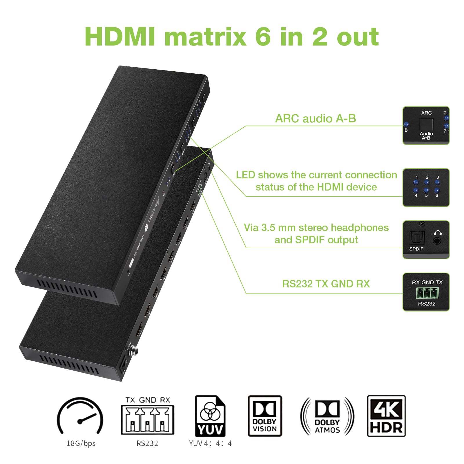 Matrix HDMI 2.0 6X 2 18Gbps 4k@60Hz con Audio e ARC - Techly IDATA HDMI-H62V