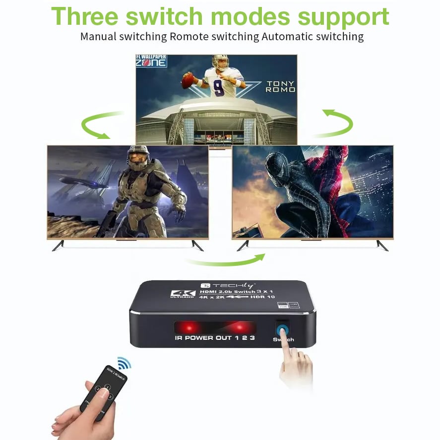 Switch HDMI 2.0b 3in 1out 4K HDR HDCP2.2 con Telecomando - Techly IDATA HDMI2-4K3160B