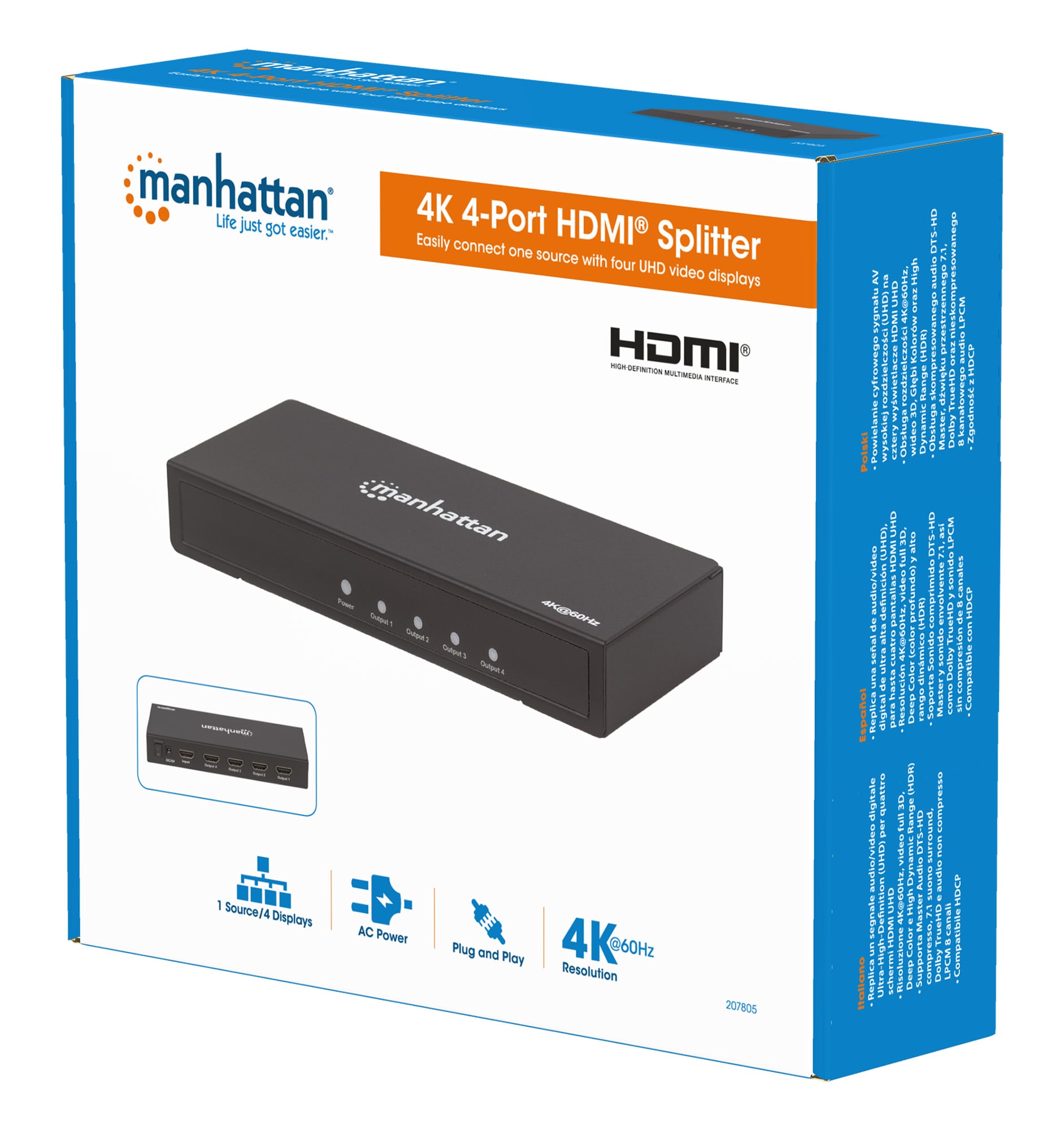 Splitter HDMI 2.0 4K UHD 3D 4 vie - Manhattan IDATA HDMI2-4K4MH
