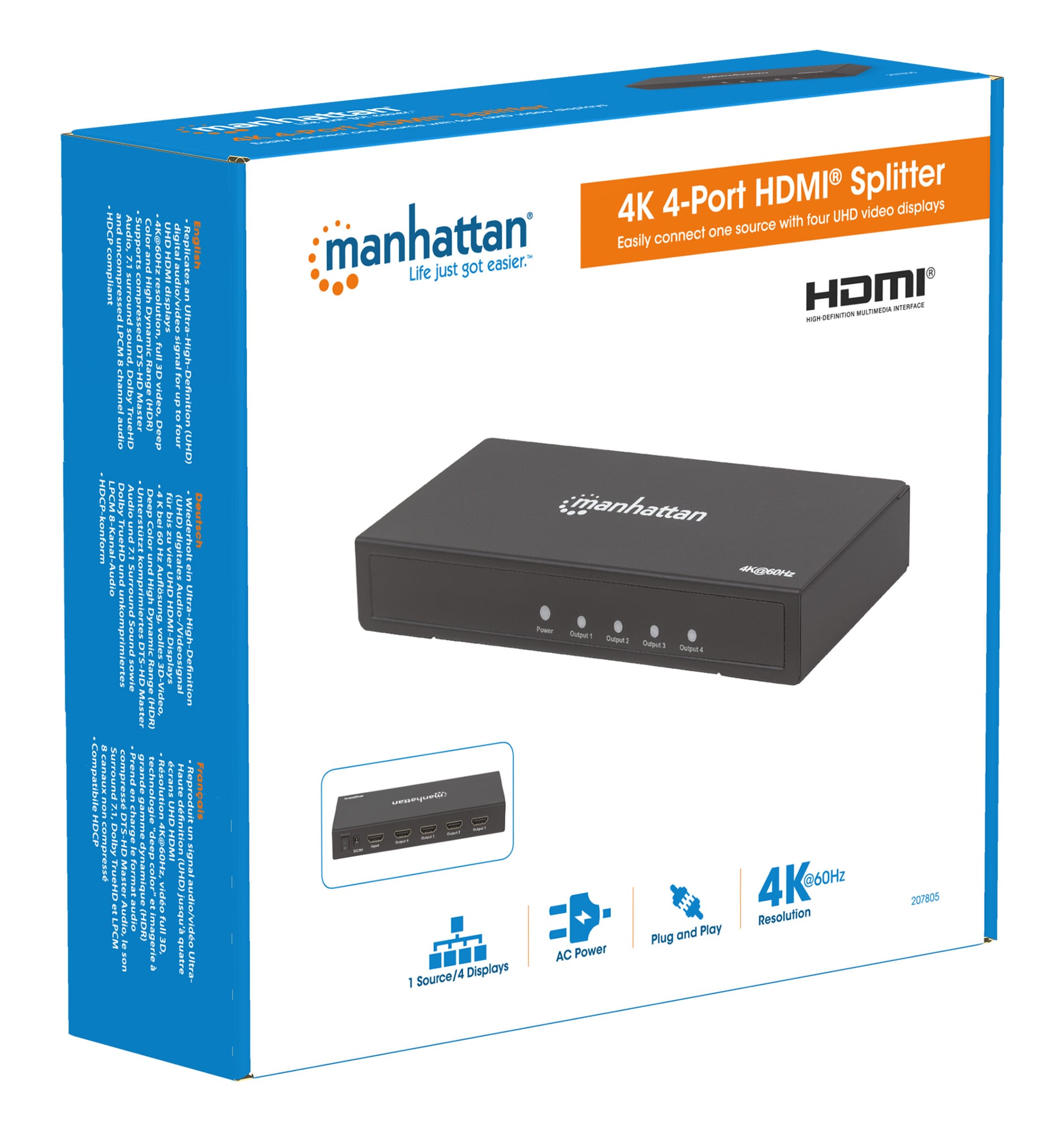 Splitter HDMI 2.0 4K UHD 3D 4 vie - Manhattan IDATA HDMI2-4K4MH