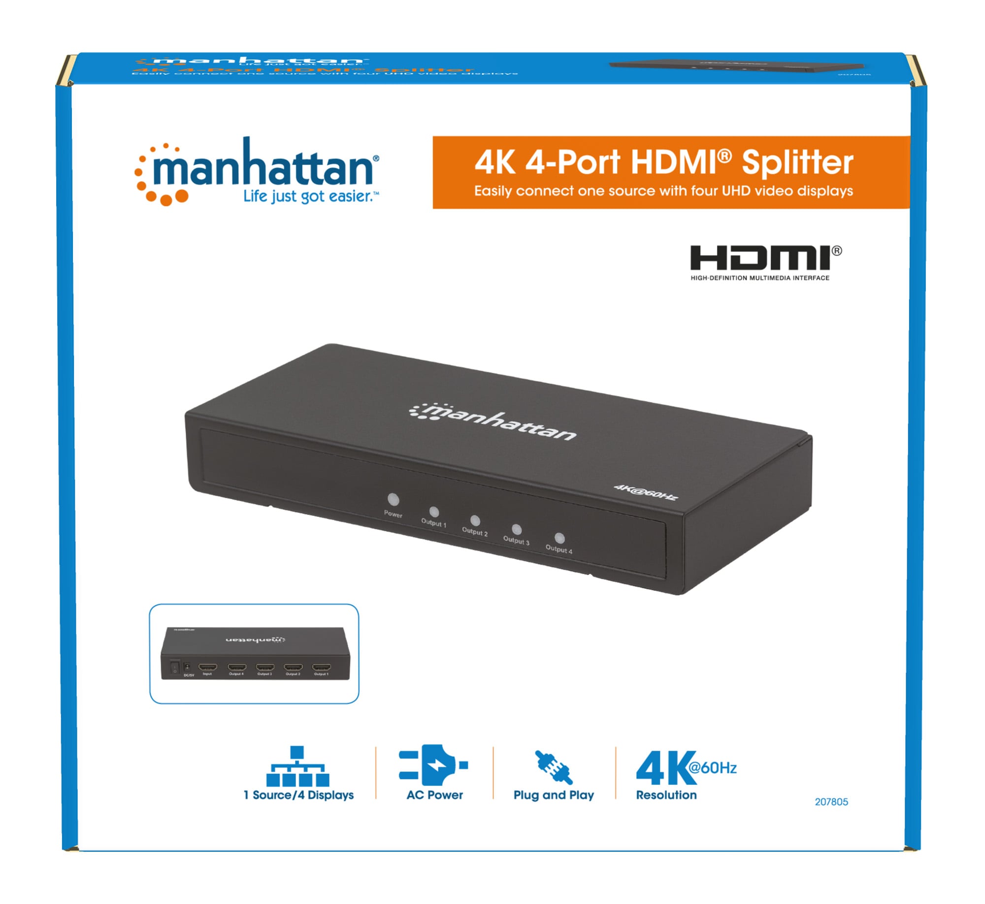 Splitter HDMI 2.0 4K UHD 3D 4 vie - Manhattan IDATA HDMI2-4K4MH