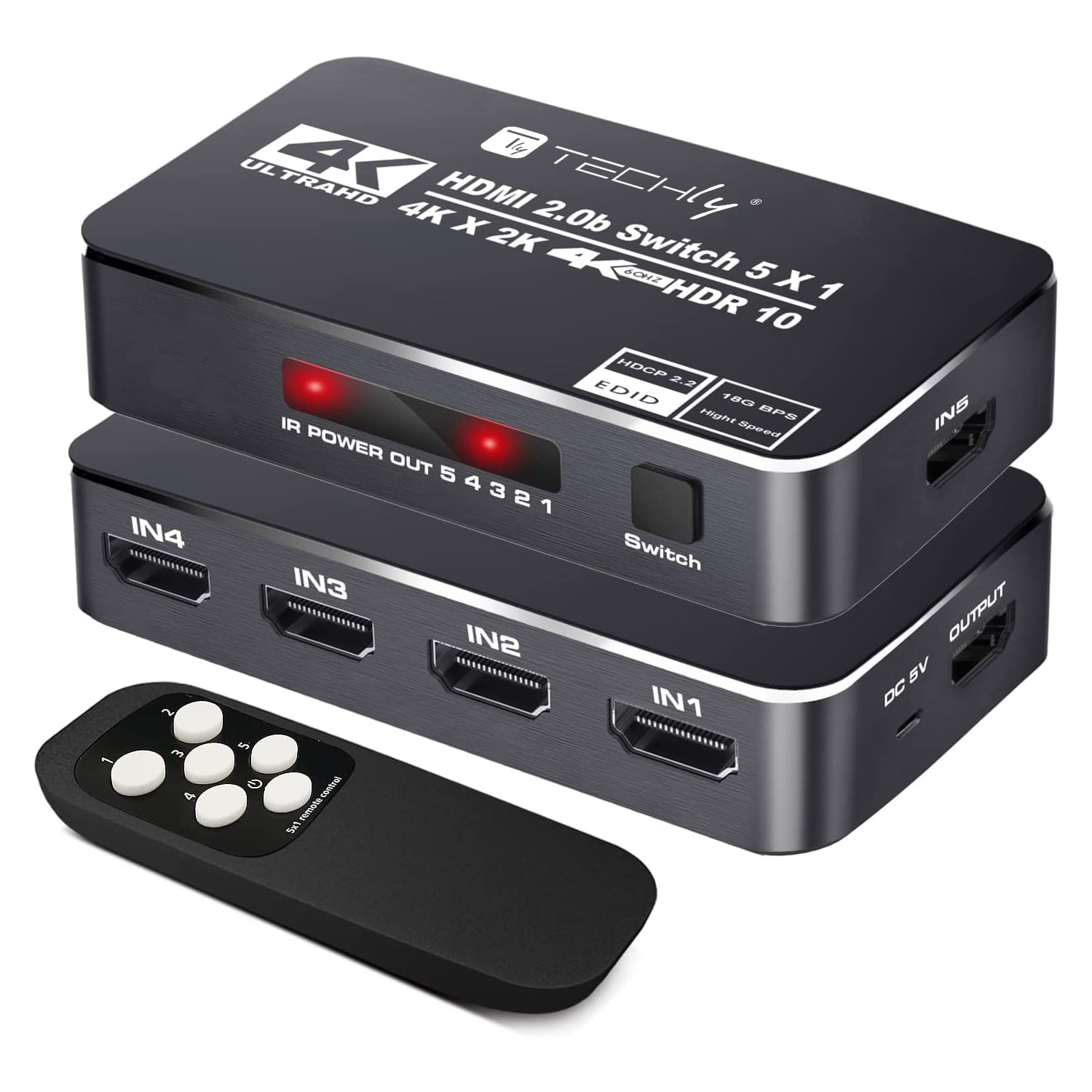 Switch HDMI 2.0b 5in 1out 4K HDR HDCP2.2 con Telecomando - Techly IDATA HDMI2-4K5160B
