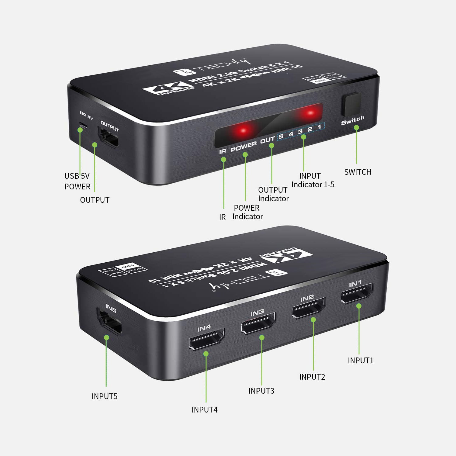 Switch HDMI 2.0b 5in 1out 4K HDR HDCP2.2 con Telecomando - Techly IDATA HDMI2-4K5160B