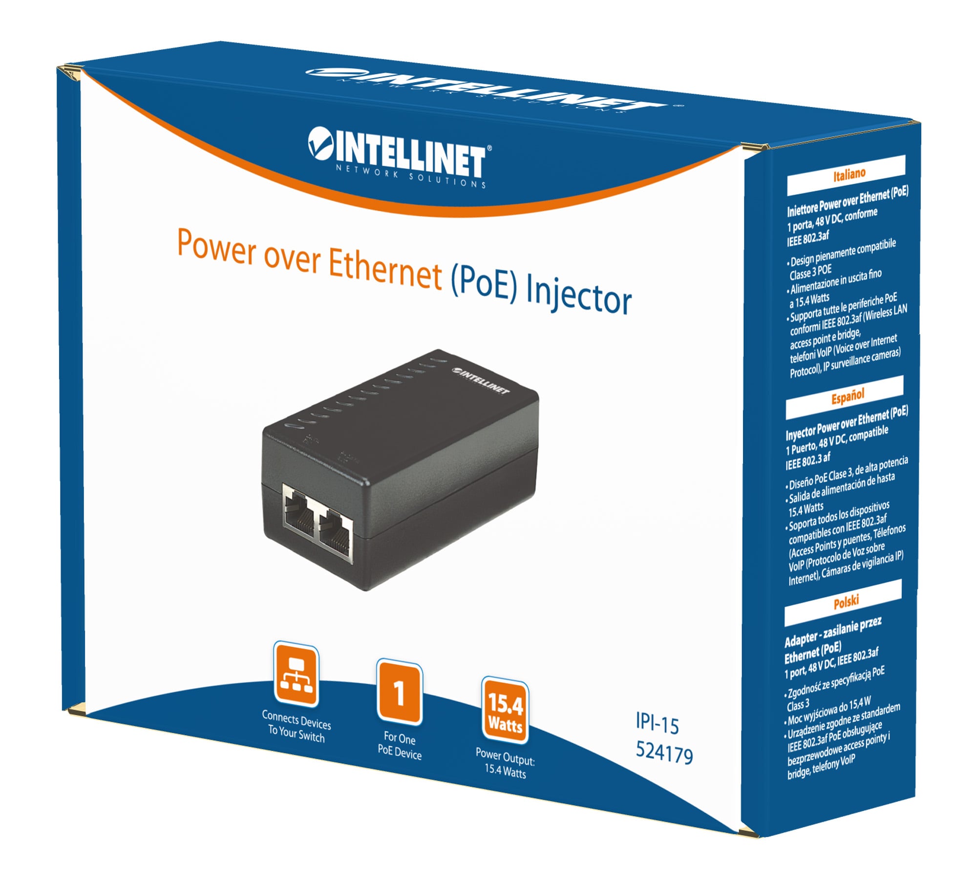 Iniettore Power over Ethernet (PoE) 15.4W - Intellinet IDATA IP-POWER3