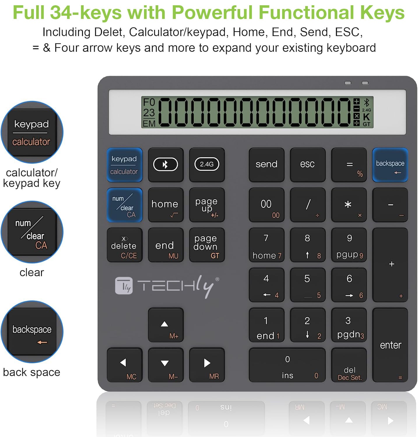Tastierino Numerico BT V5.0 Wireless 2in1 con Calcolatrice Grigio Scuro - Techly IDATA KB-1005CAL
