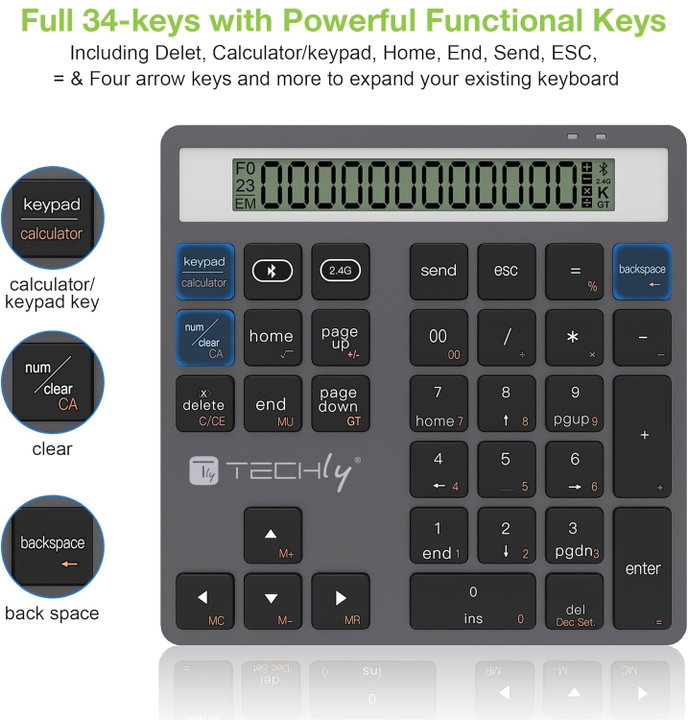 Numerical keypad BT V 5.0 Wireless 2 in 1 with Dark Grey Calculator - Techly IDATA KB- 1005 CAL