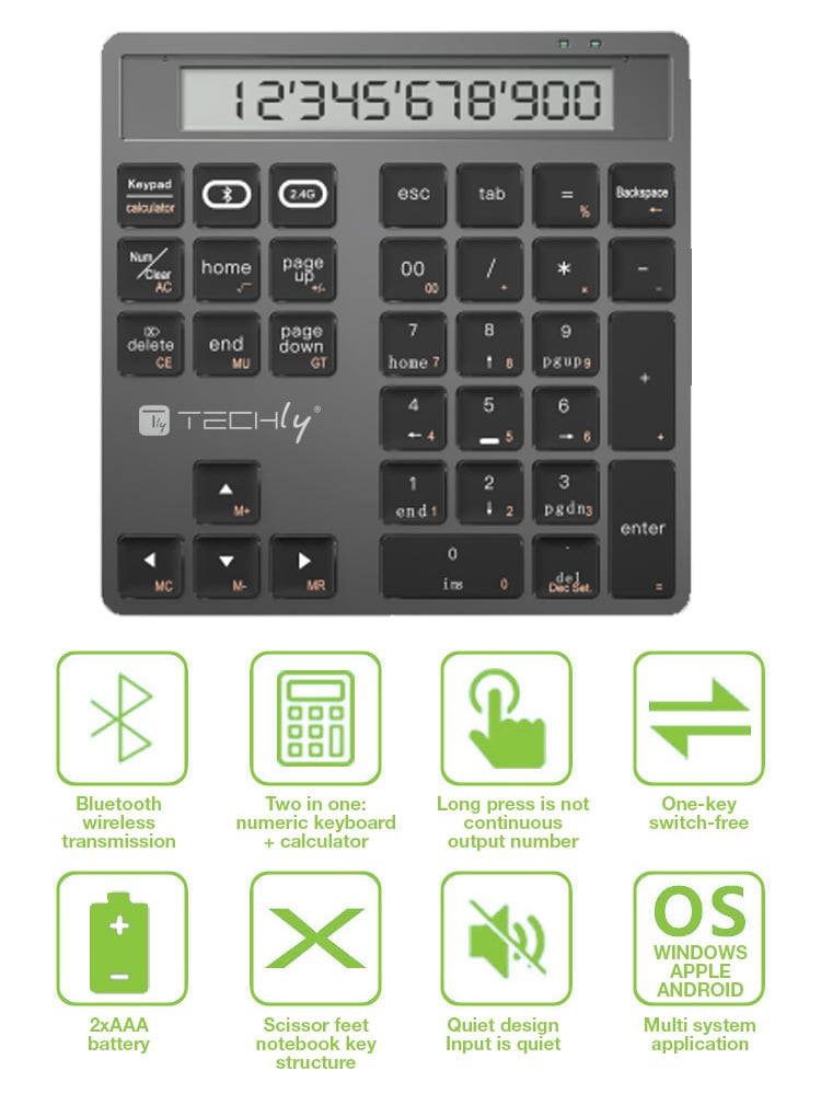 Tastierino Numerico BT V5.0 Wireless 2in1 con Calcolatrice Grigio Scuro - Techly IDATA KB-1005CAL