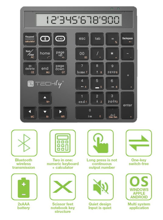 Numerical keypad BT V 5.0 Wireless 2 in 1 with Dark Grey Calculator - Techly IDATA KB- 1005 CAL