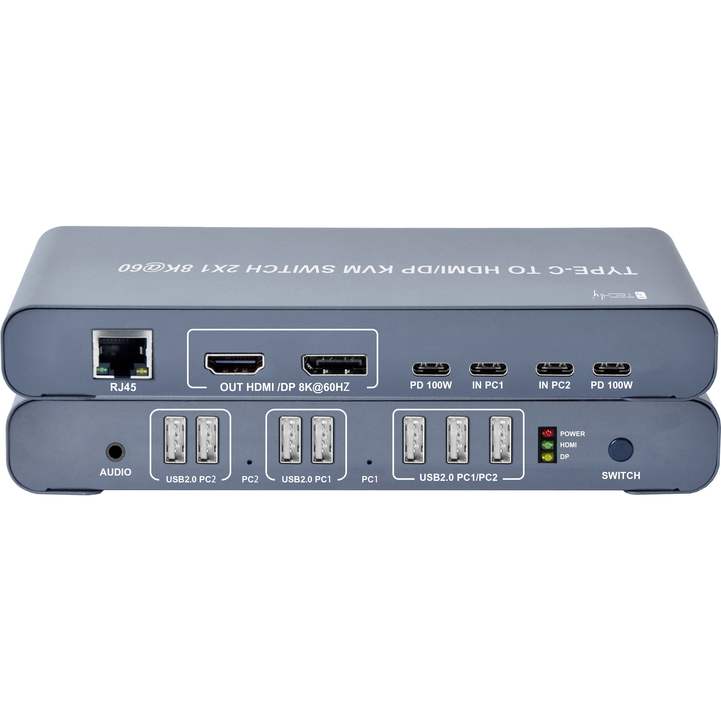 KVM Switch 2x1 USB2.0 Tipo C™ a HDMI/DP 8K@60Hz PD100W Nero - Techly IDATA KVM-C2HDP8K