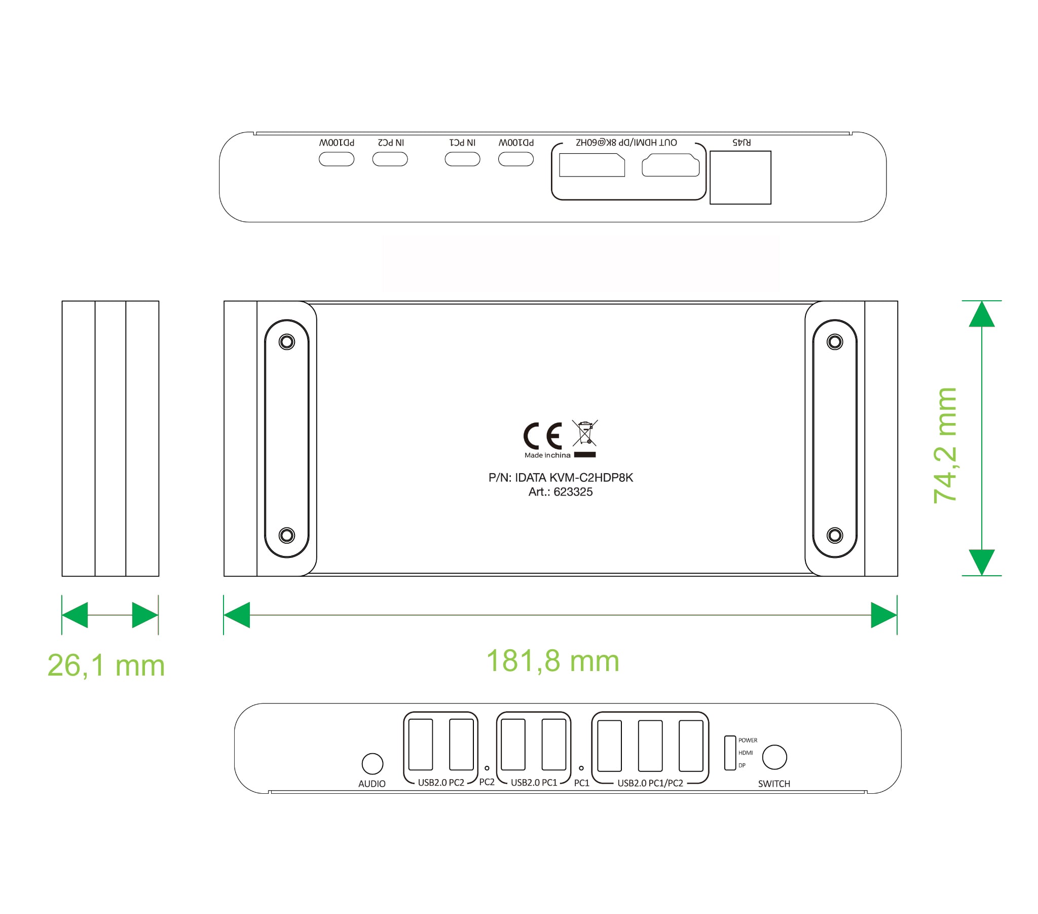 KVM Switch 2x1 USB2.0 Tipo C™ a HDMI/DP 8K@60Hz PD100W Nero - Techly IDATA KVM-C2HDP8K