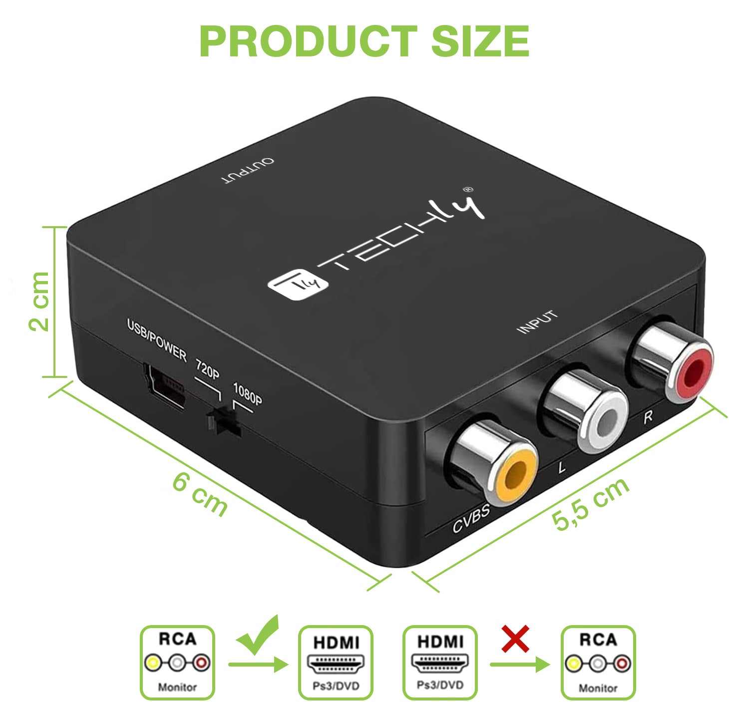 Mini Convertitore Video Composito a HDMI 720p 1080p con Cavo USB - Techly IDATA SPDIF-6E3