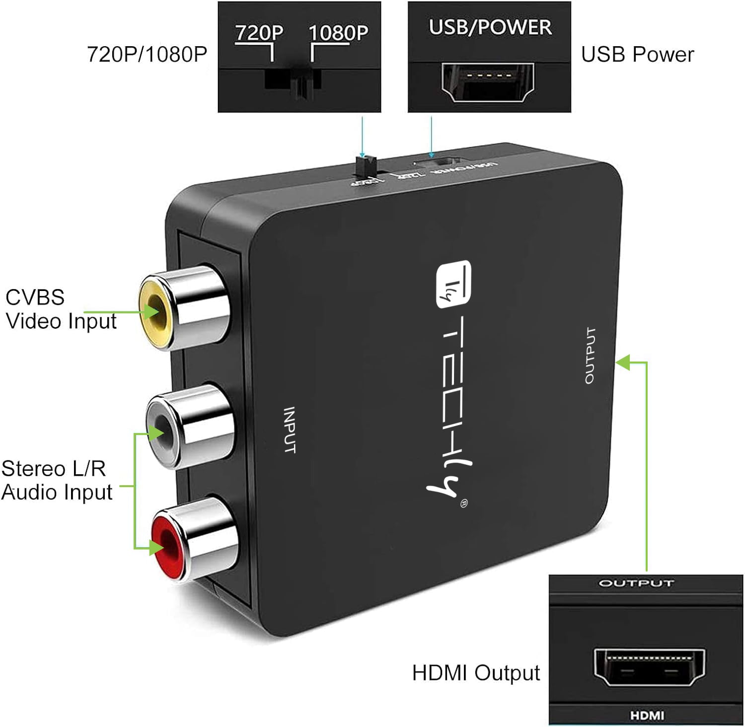Mini Convertitore Video Composito a HDMI 720p 1080p con Cavo USB - Techly IDATA SPDIF-6E3
