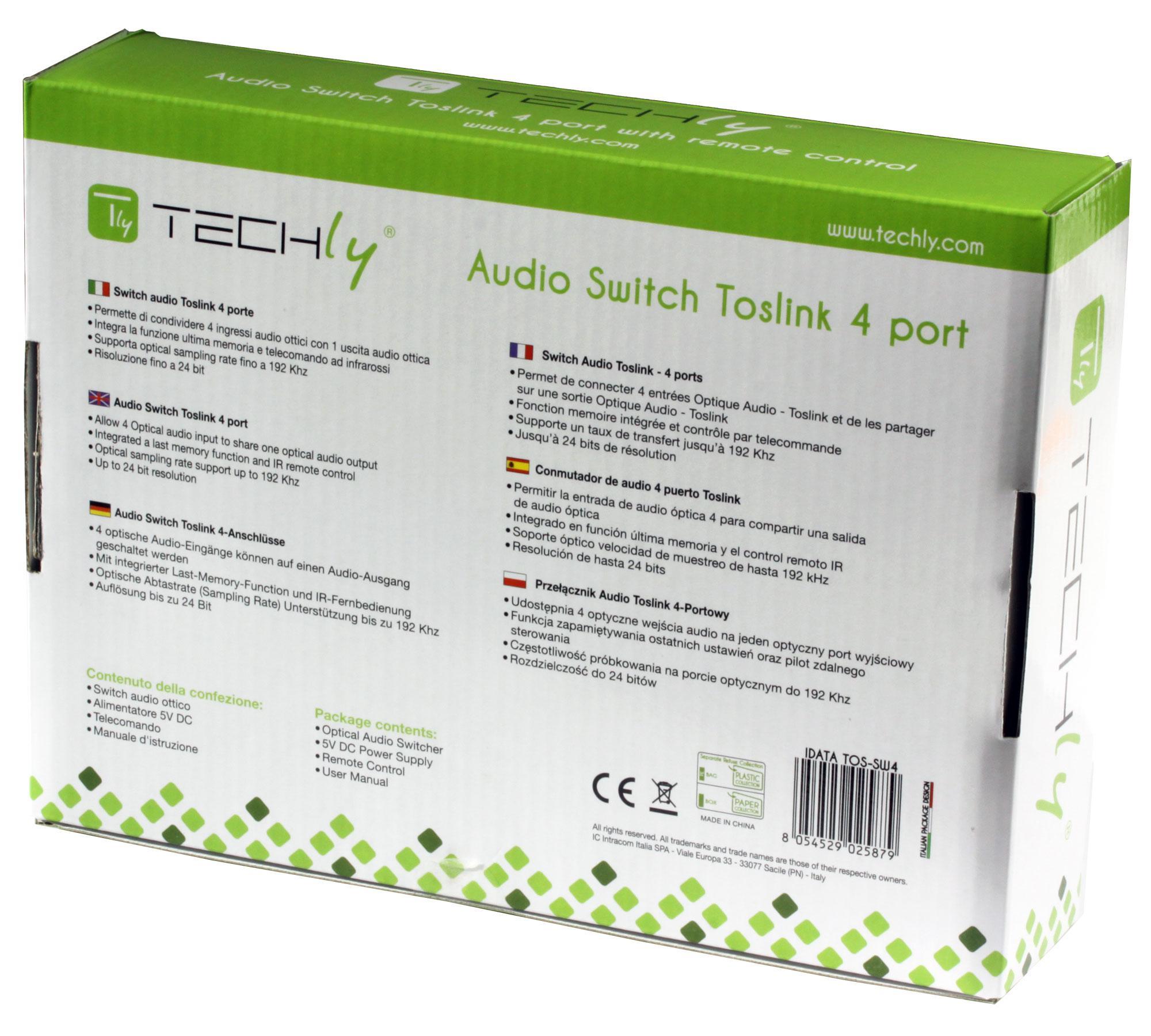 Switch Audio Toslink 4 Porte con Telecomando IR - Techly IDATA TOS-SW4