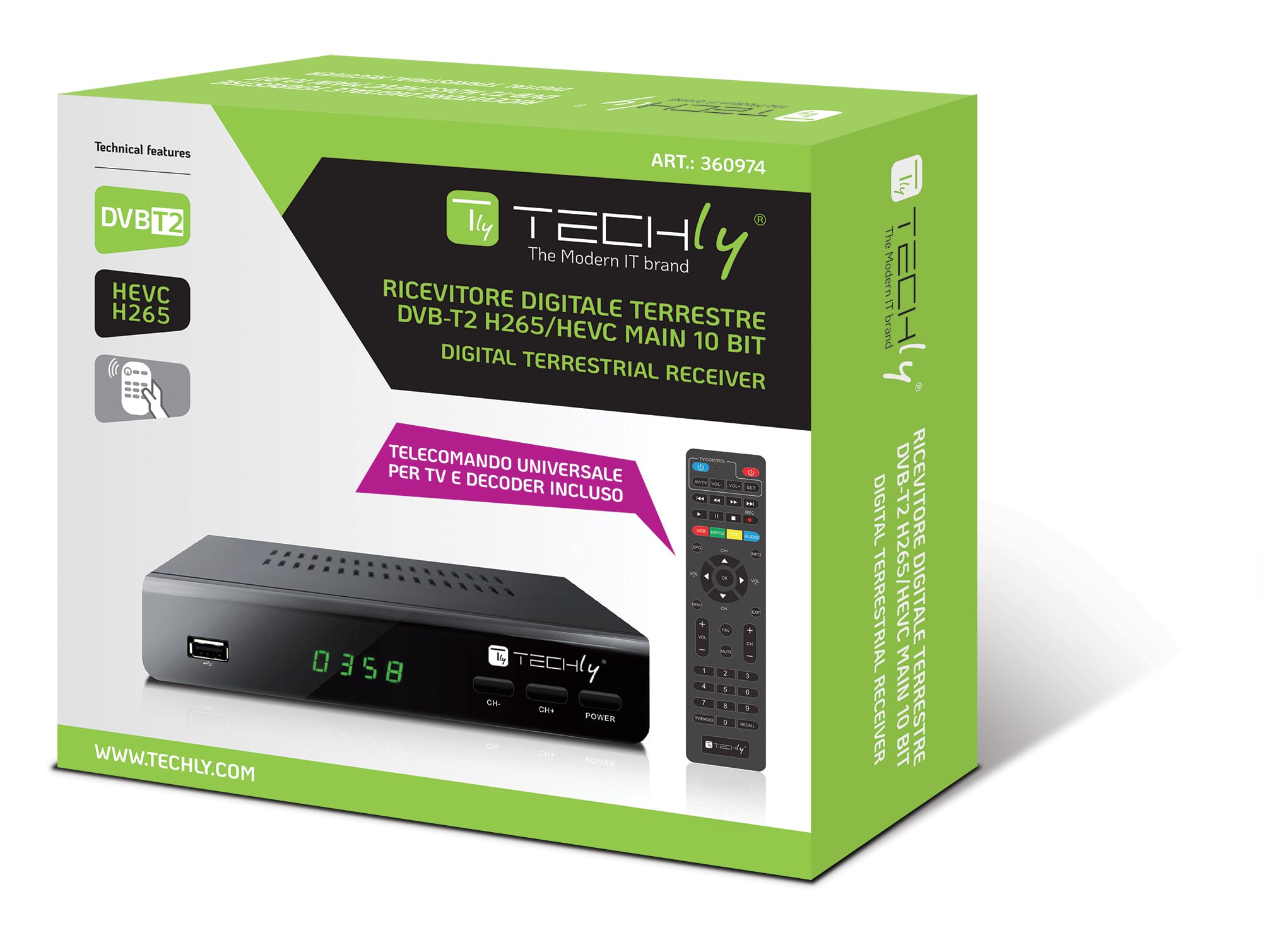 Decoder Ricevitore Digitale Terrestre DVB-T/T2 H.265 HEVC 10bit Metallo con Telecomando Universale 2 in - Techly IDATA TV-DT2MB