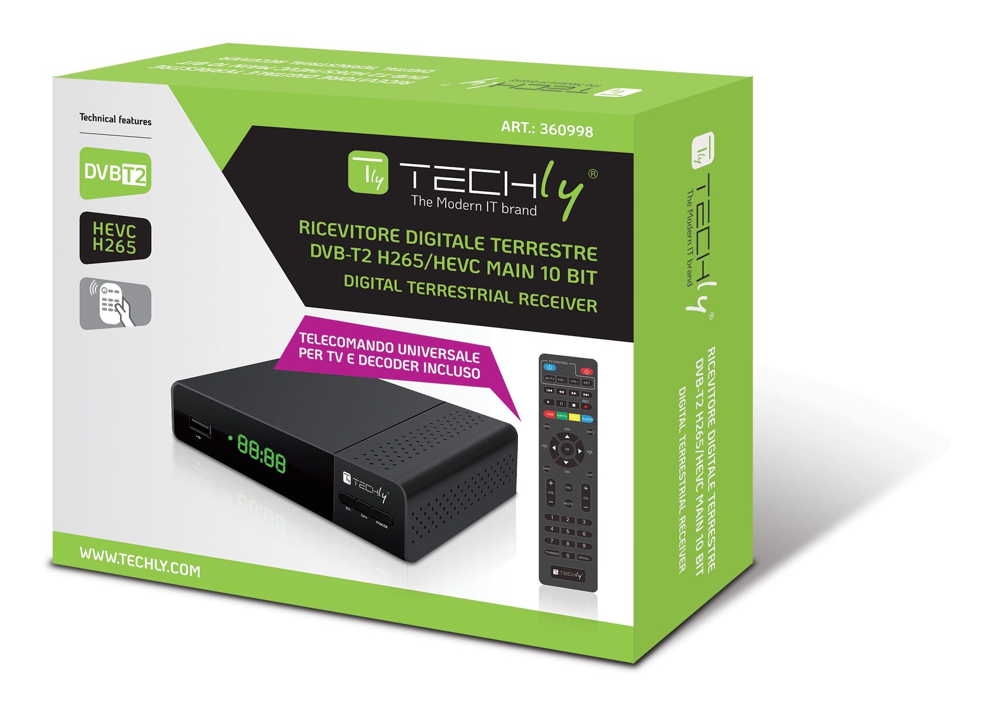 Digital Receiver Decoder DVB-T/T 2 H. 265 HEVC 10 bit with Display - Techly IDATA TV-DT 2 PLB