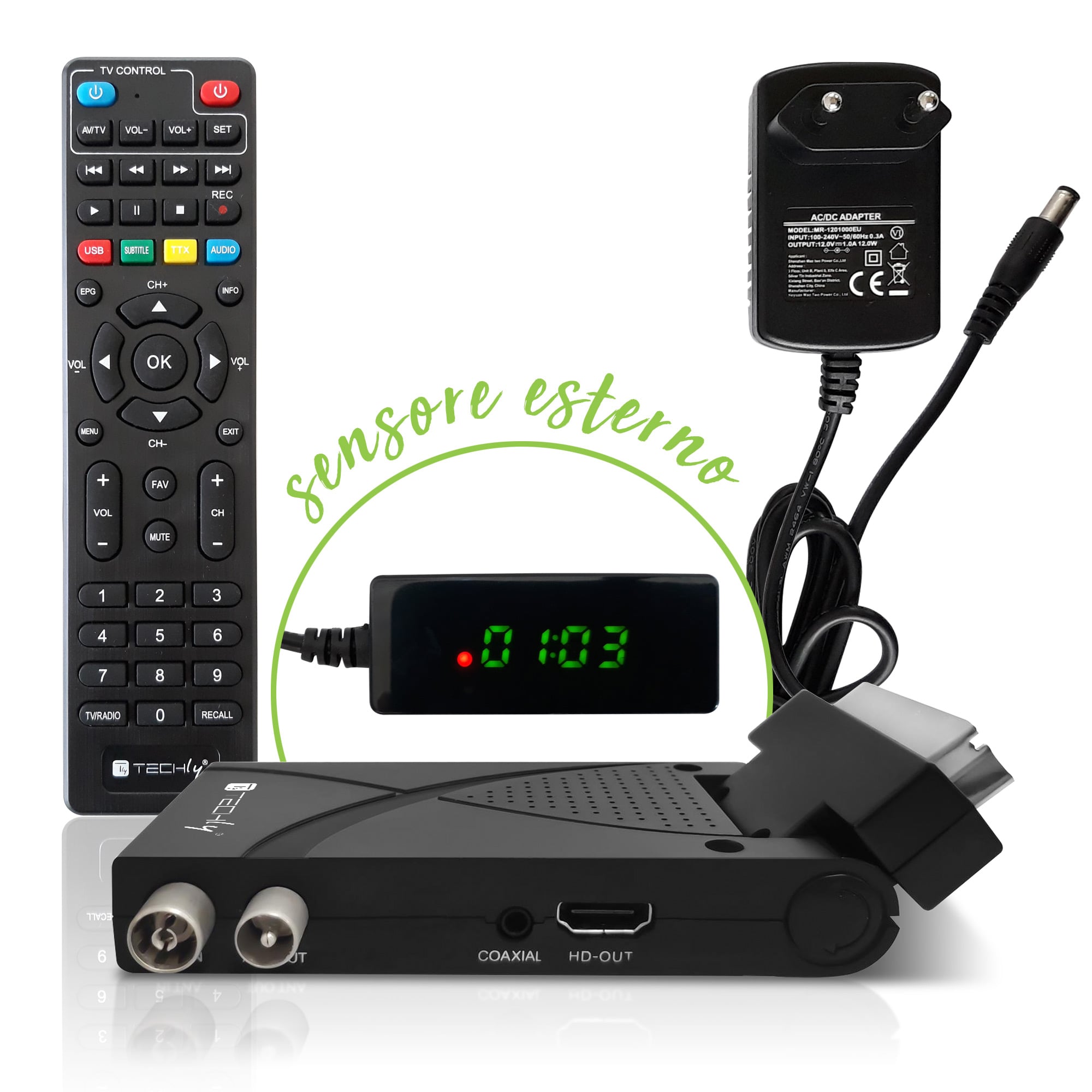 Decoder Ricevitore Digitale Terrestre DVB-T/T2 H.265 HEVC 10bit USB HDMI Scart 180° e Telecomando - Techly IDATA TV-DT2SCA