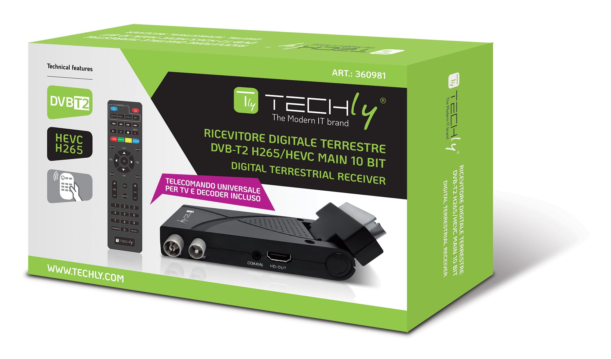 Decoder Ricevitore Digitale Terrestre DVB-T/T2 H.265 HEVC 10bit USB HDMI Scart 180° e Telecomando - Techly IDATA TV-DT2SCA