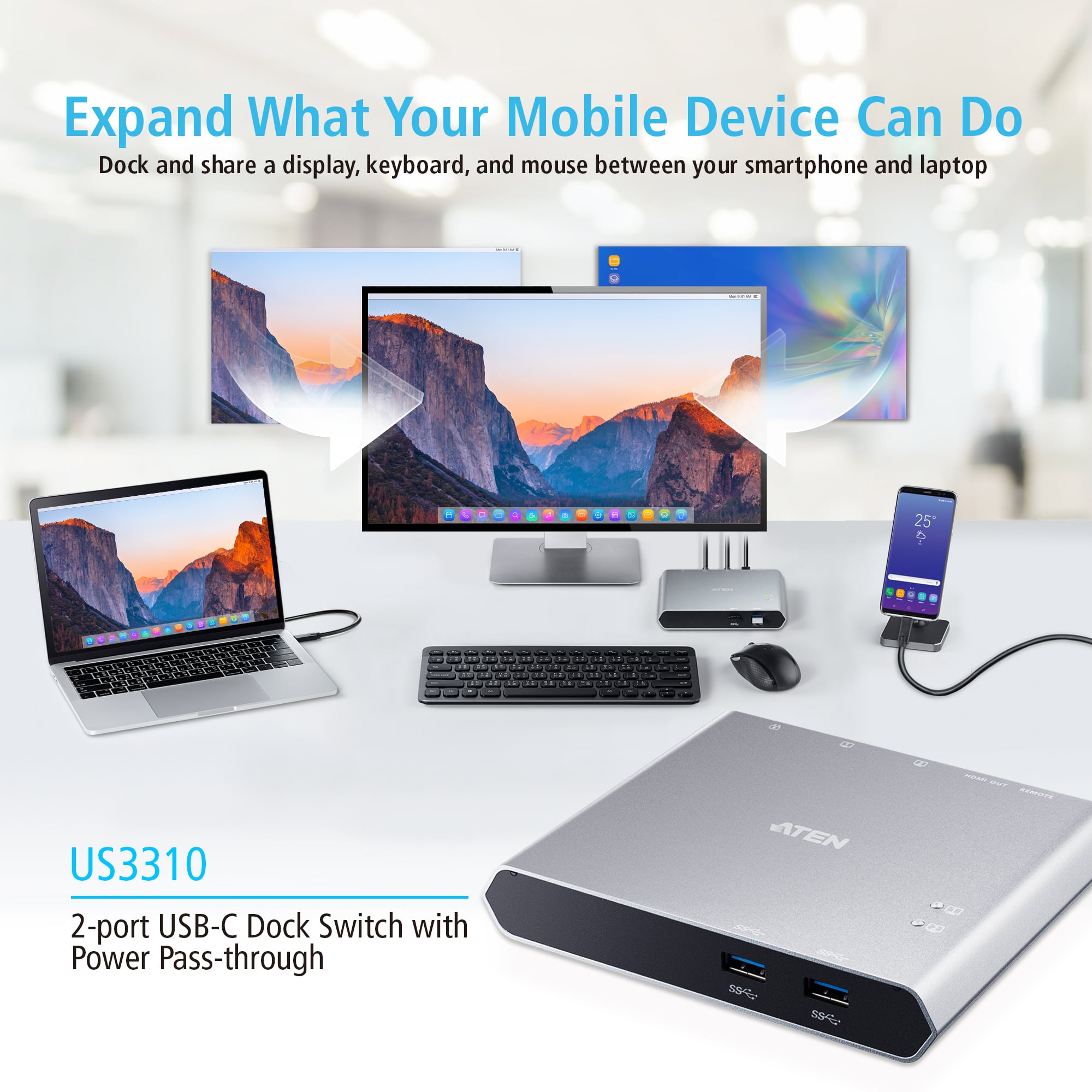 Switch Dock USB-C™ Gen 1 a 2 porte con pass-through dell'alimentazione, US3310 - Aten IDATA US-3310