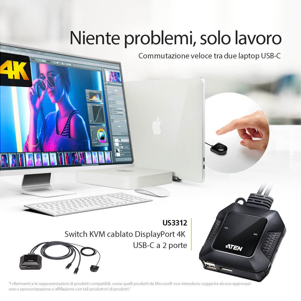 Switch KVM DisplayPort 4K USB-C™ a 2 porte con Selettore di Porte Remoto, US3312 - Aten IDATA US-3312