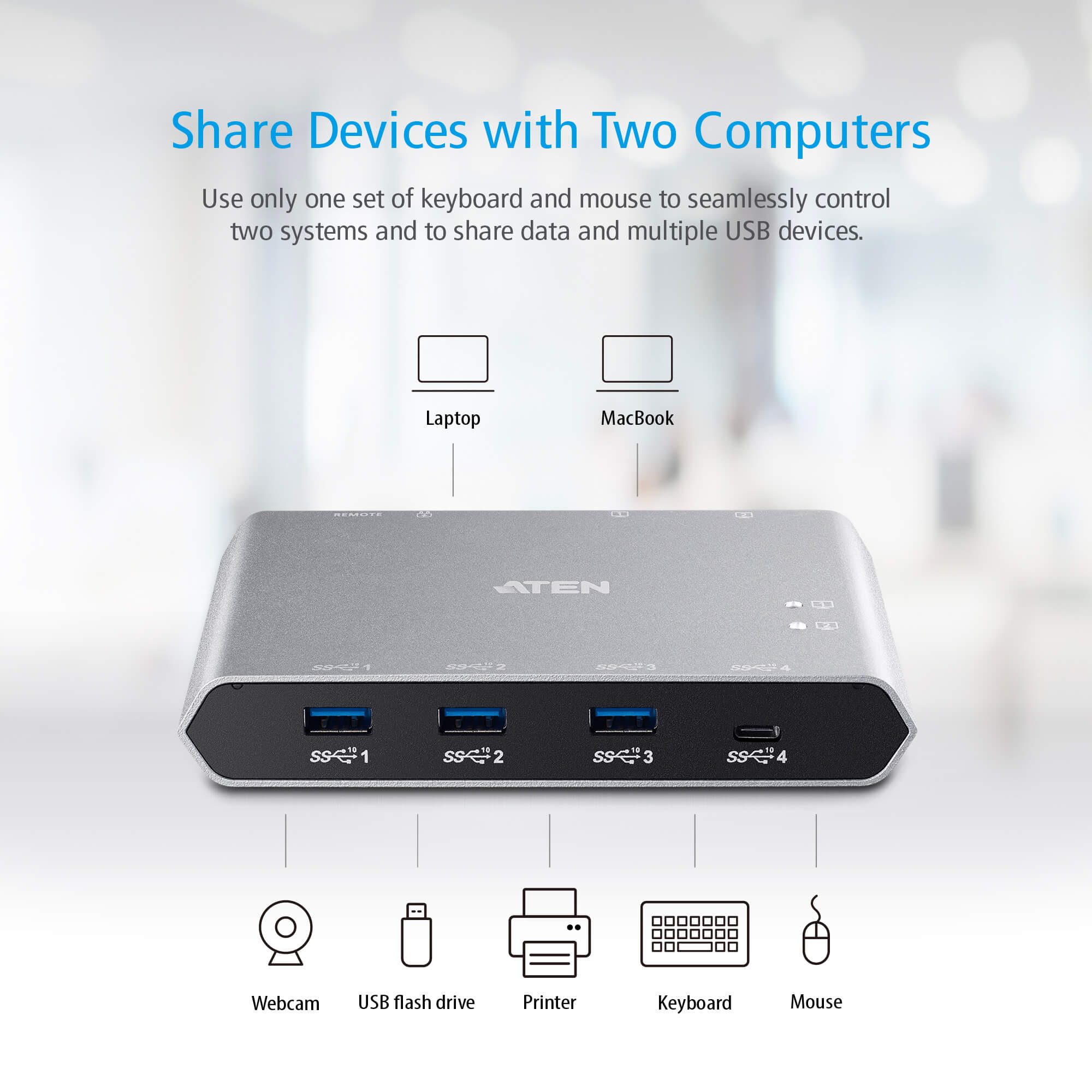 Switch per la condivisione USB-C™ Gen 2 a 2 porte con pass-through dell'alimentazione, US3342 - Aten IDATA US-3342