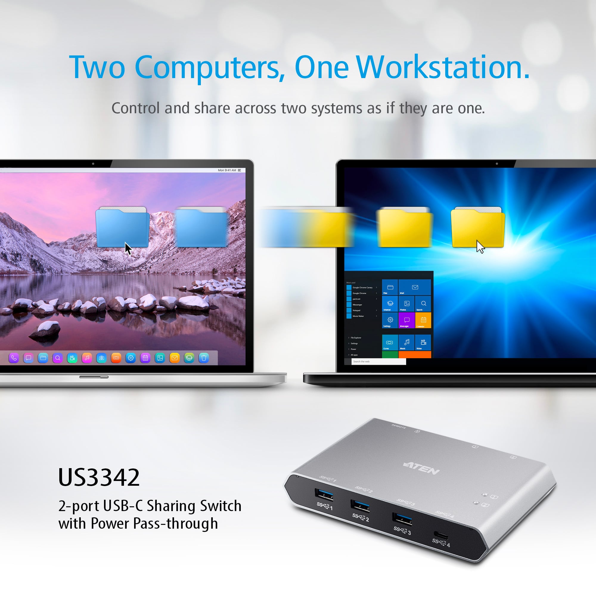 Switch per la condivisione USB-C™ Gen 2 a 2 porte con pass-through dell'alimentazione, US3342 - Aten IDATA US-3342