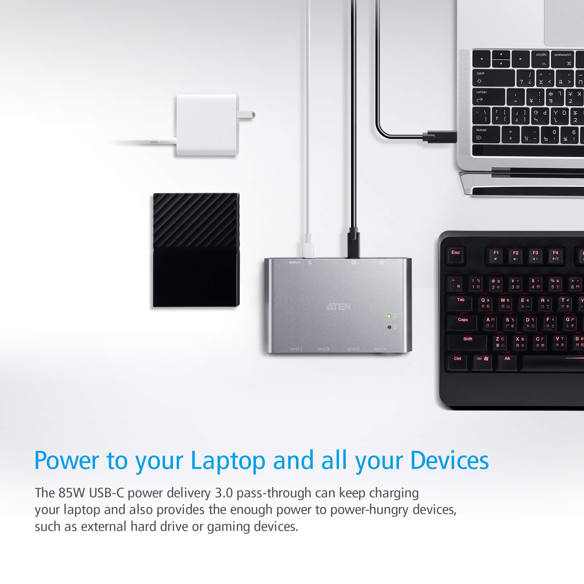Switch per la condivisione USB-C™ Gen 2 a 2 porte con pass-through dell'alimentazione, US3342 - Aten IDATA US-3342