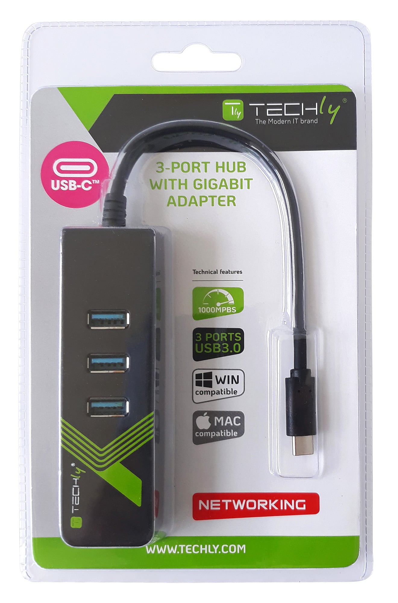Adattatore Convertitore USB-C™ Ethernet Gigabit con Hub 3 porte USB-A 3.0 - Techly IDATA USB-ETGIGA-3C2