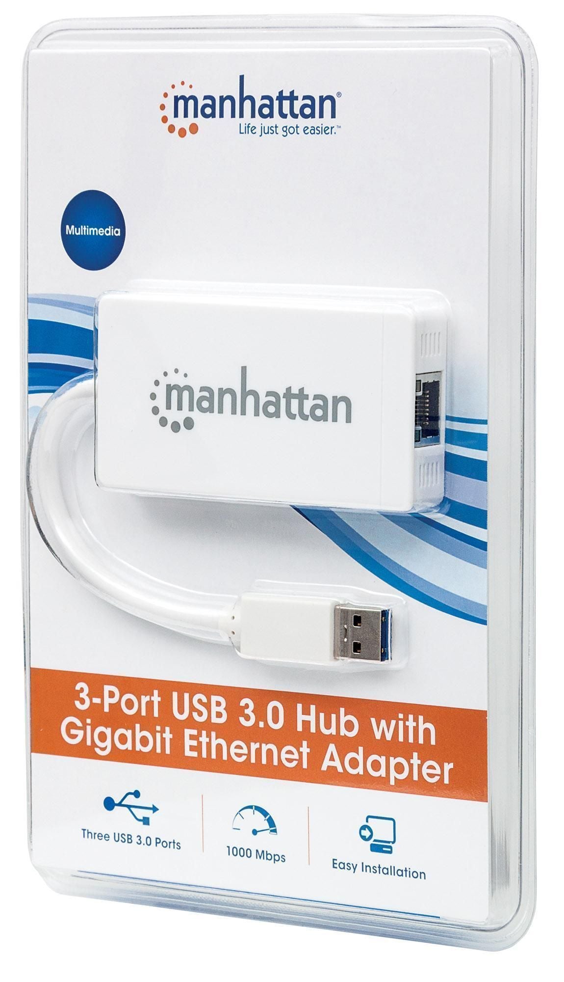 Hub 3 porte USB 3.0 con Adattatore Ethernet Gigabit - Manhattan IDATA USB-ETGIGA-3U