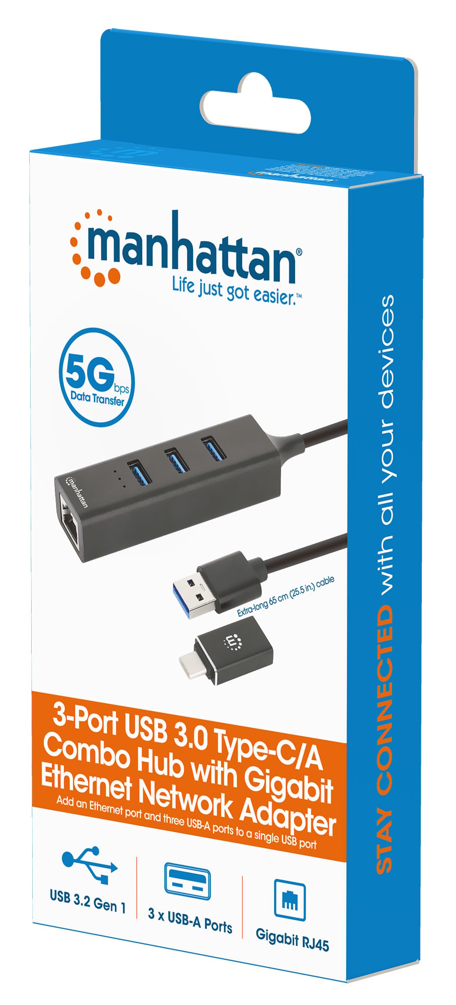 Hub USB 3.2 3 Porte Combo Type-C/A con Adattatore di Rete Gigabit - Manhattan IDATA USB-ETGIGA-CB