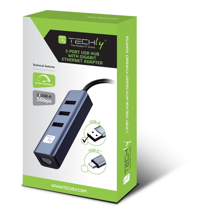 Adattatore USB-A a RJ45 Gigabit con Hub 3 Porte USB 3.2 5 Gbps - Techly IDATA USB-ETGIGA3AA