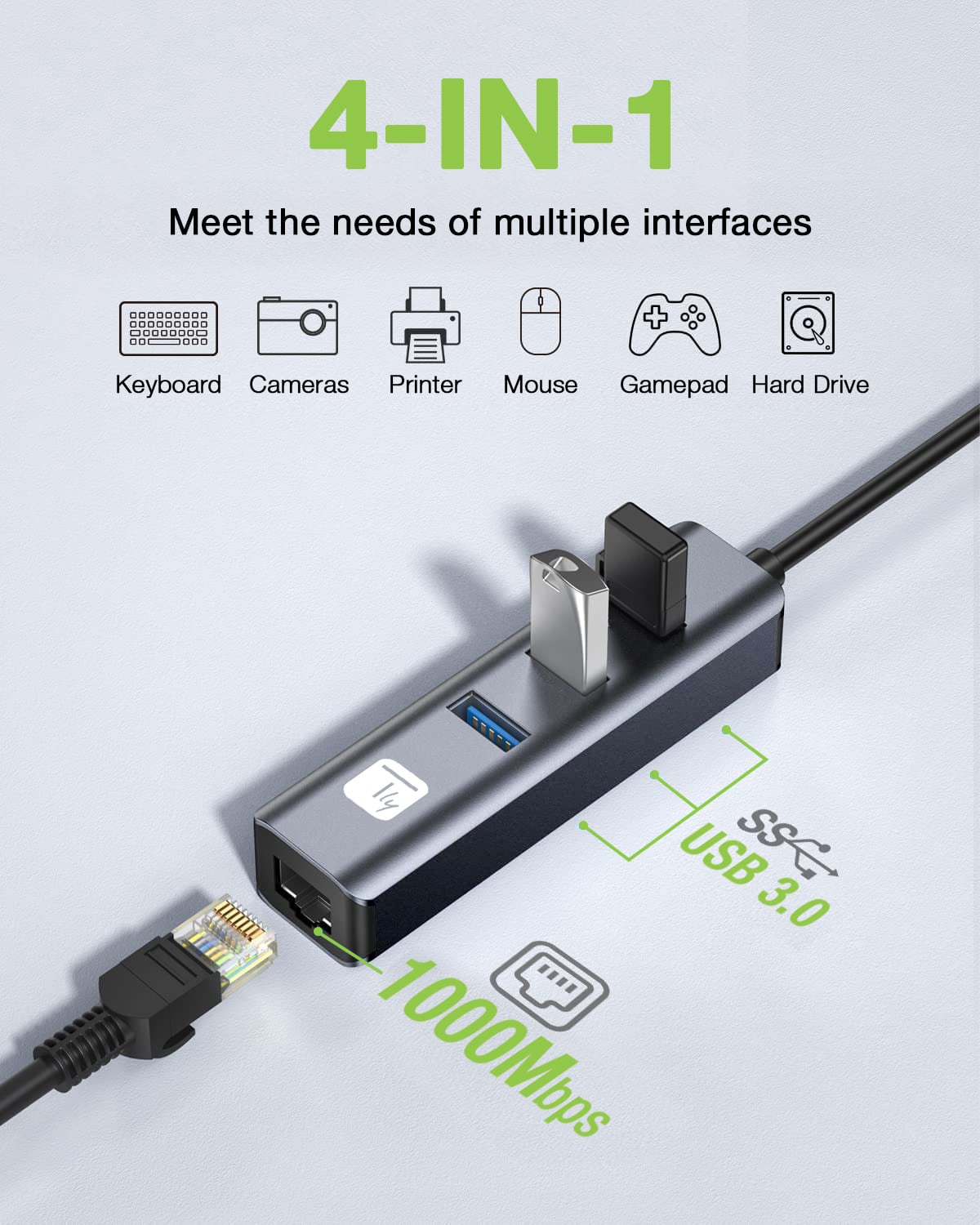 USB-A adapter to RJ 45 Gigabit with Hub 3 USB ports 3.2 5 Gbps - Techly IDATA USB-ETGIGA 3 AA