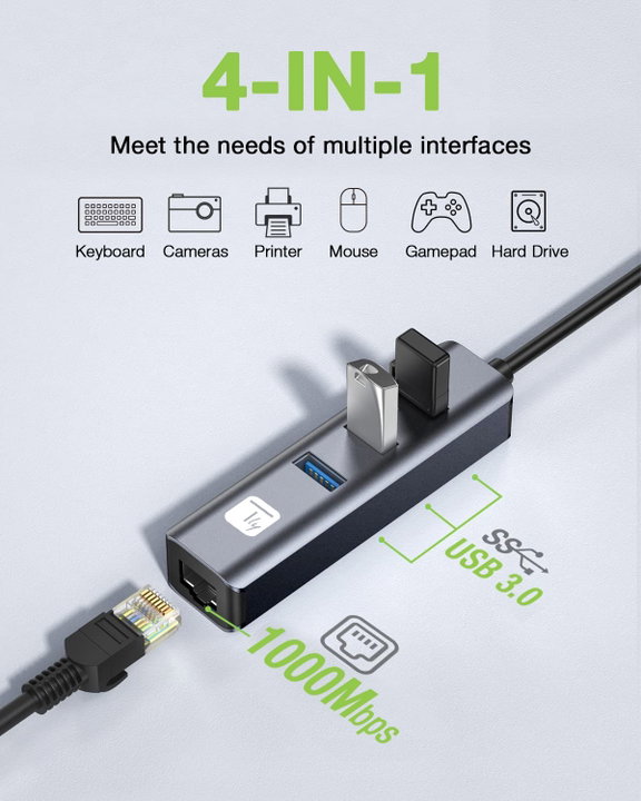 Adattatore USB-A a RJ45 Gigabit con Hub 3 Porte USB 3.2 5 Gbps - Techly IDATA USB-ETGIGA3AA