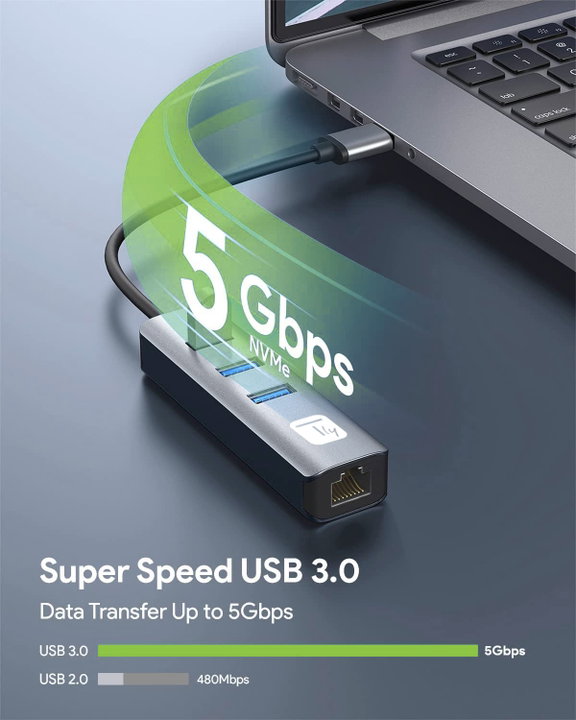 Adattatore USB-A a RJ45 Gigabit con Hub 3 Porte USB 3.2 5 Gbps - Techly IDATA USB-ETGIGA3AA